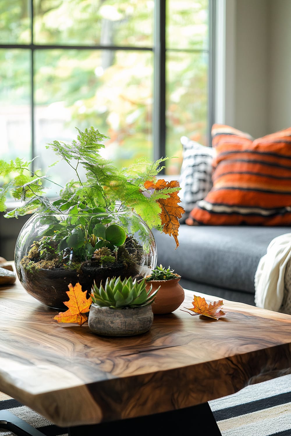 A rustic coffee table with a modern glass terrarium containing green plants, surrounded by autumn leaves. Additional succulents and earthy pots add to the natural aesthetic. In the background, a gray sofa with colorful orange and black striped pillows is visible against large windows showcasing a verdant outdoor setting.