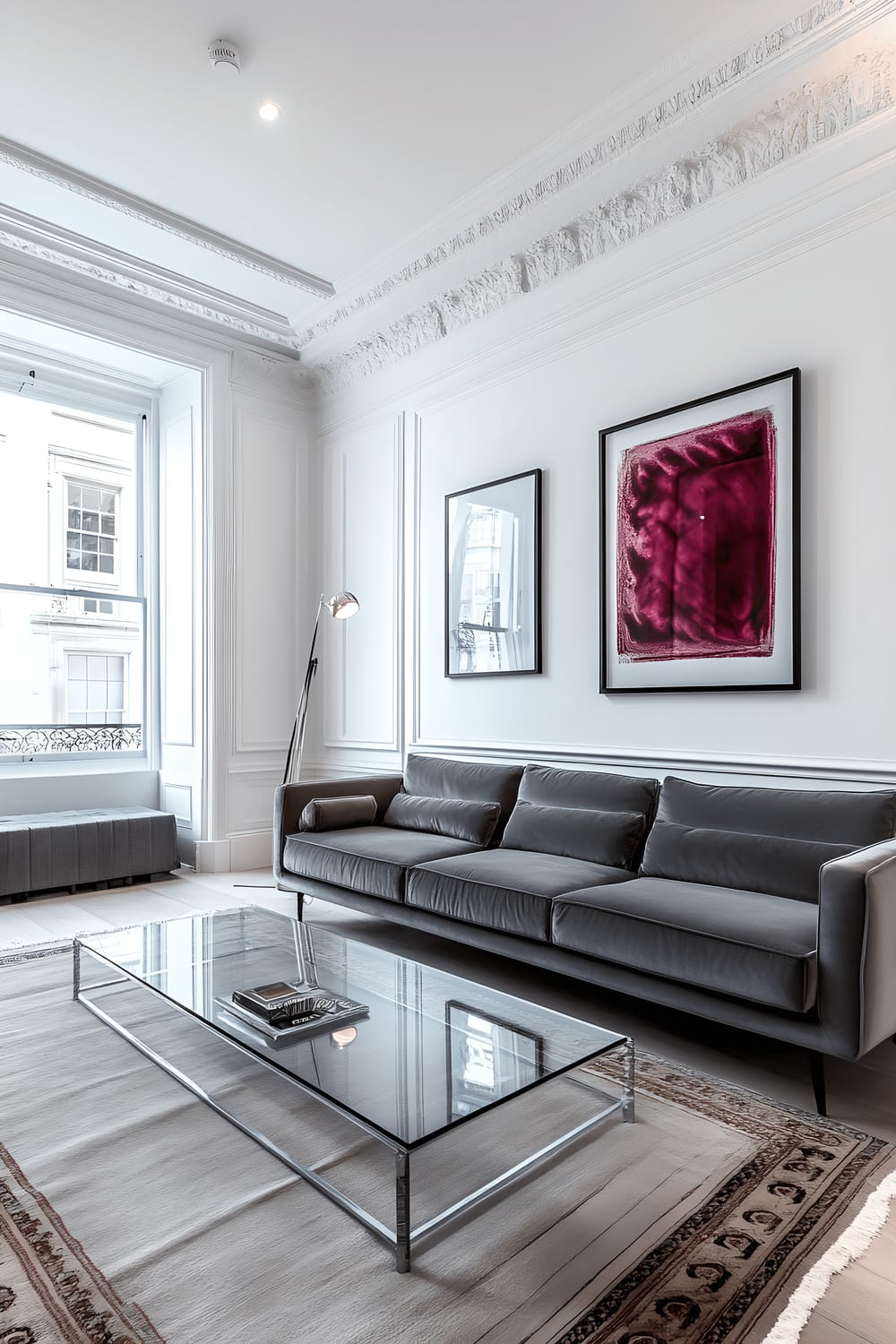 A stylish flat in Marylebone, featuring a balanced blend of classic and modern aesthetics. An elegant, gray velvet sofa sits in the room, complemented by a sleek glass coffee table. Ornate moldings can be seen on the white walls, while contemporary abstract art adds a modern touch. The scene is illuminated by a designer floor lamp, casting soft ambient light throughout.