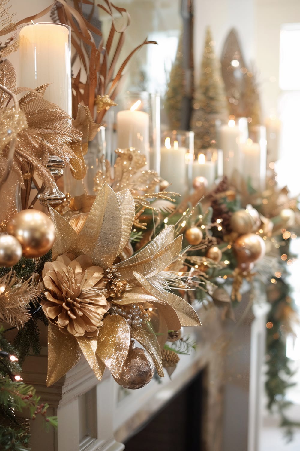 The image showcases an elegant Christmas mantel decorated with candles and golden ornaments. Candles are placed in glass holders, emitting a warm glow that highlights the lush garland decorated with intricate, glittery gold poinsettias, fern leaves, and baubles. The background includes blurred out, festive elements like miniature fir trees that add depth to the décor.