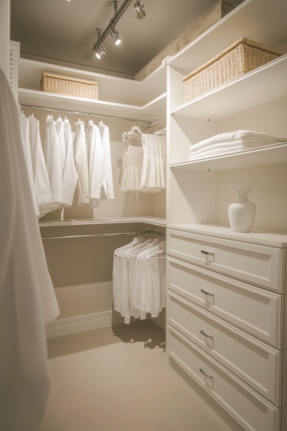 A minimalist walk-in closet with white shelving units and drawers on three walls. There is hanging space with white clothes on hangers, a section with folded towels, and wicker baskets on top shelves. A white decorative vase is placed on a shelf. Track lighting provides ambient illumination, and the floor is free of clutter.