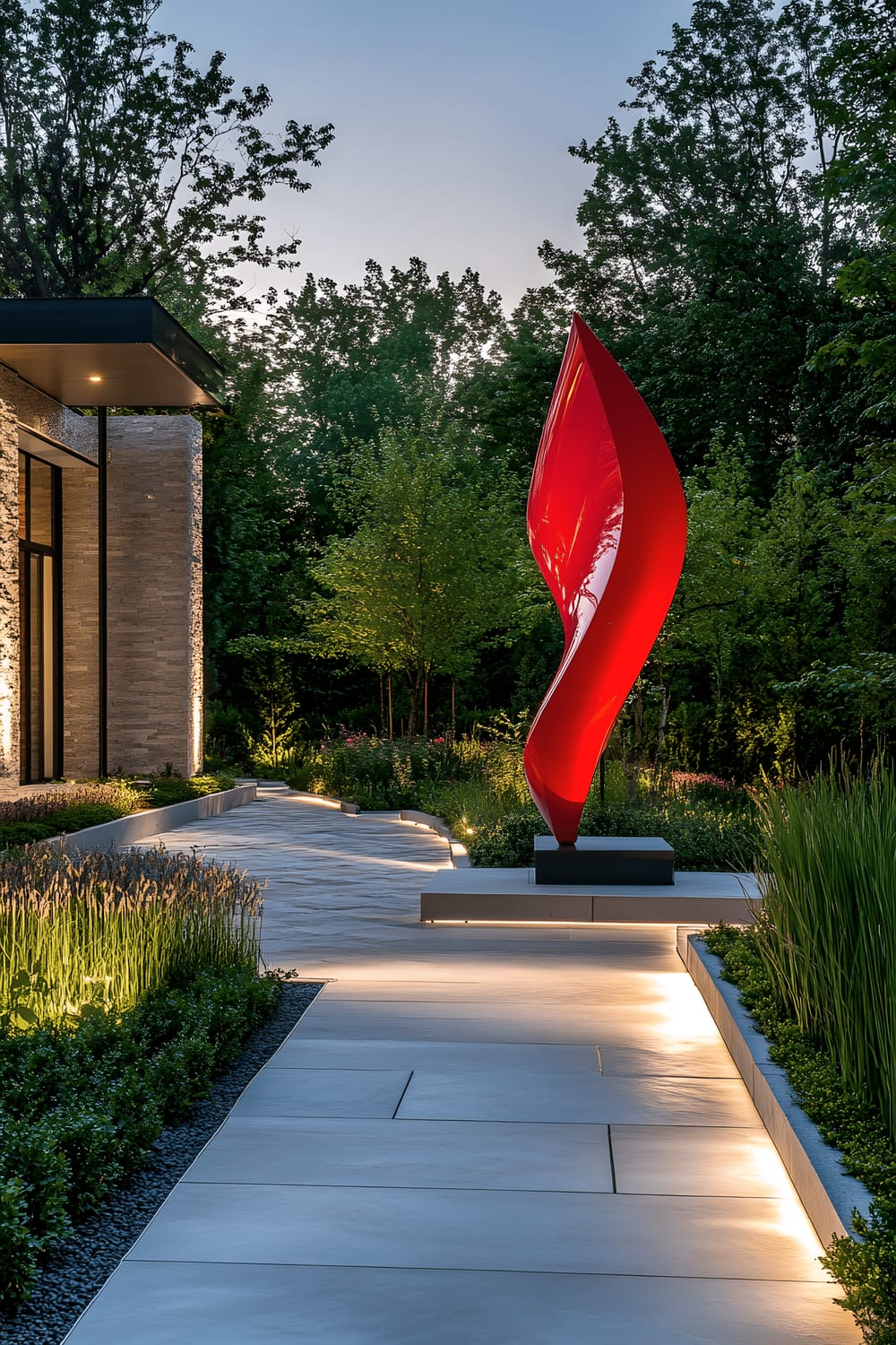 A modern garden area filled with large, bold-colored red and cobalt blue sculptures. These sculptures are placed amidst lush greenery with minimalist stone pathways weaving around them. The garden is bathed in soft, ambient lighting that highlights these modern art installations. The clean lines of the sculptures and the open spaces surrounding them showcase a chic and contemporary aesthetic.