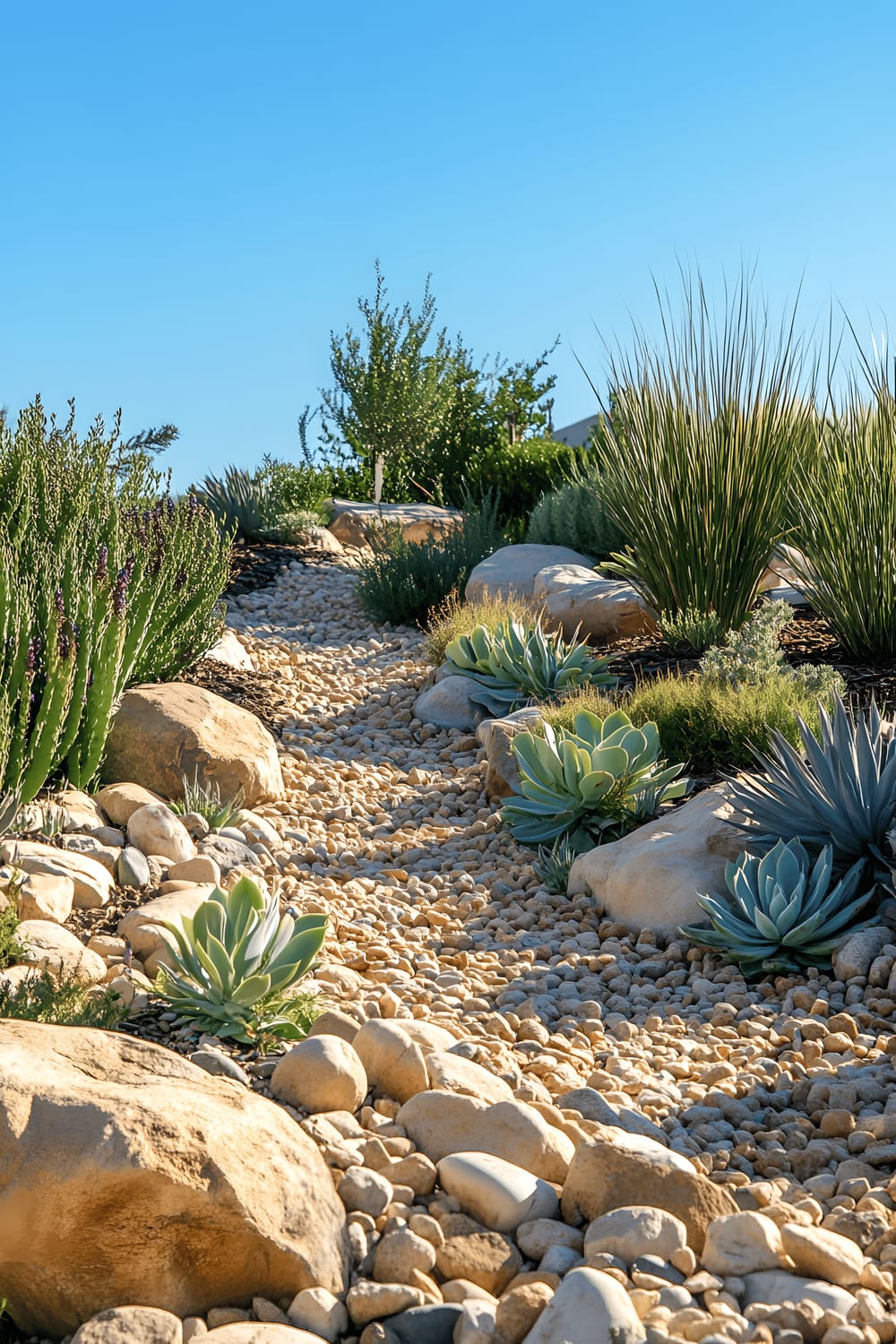 A sunlit xeriscape garden adorned with a variety of native succulents and ornamental grasses thriving amongst textured river rocks of various sizes. The garden landscape enhances its drought-resistant nature, basking under an unclouded blue sky that complements the striking greens and earthy browns of the plants and rocks.