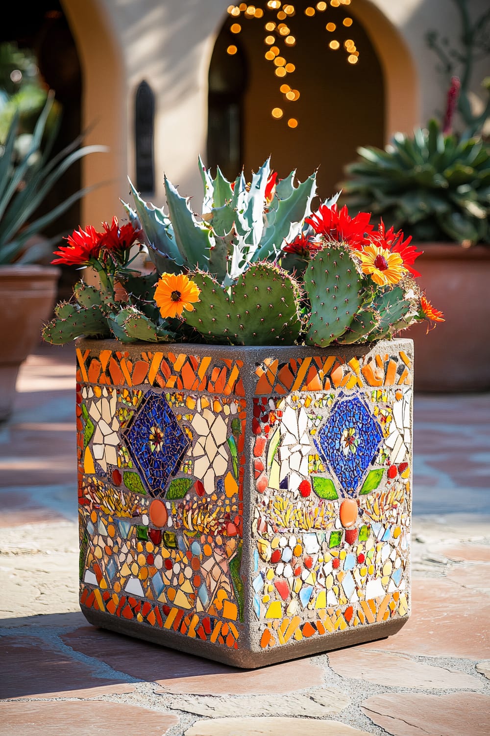 A vibrant Southwestern mosaic concrete planter with intricate geometric patterns in warm colors, filled with desert plants including Agave, Prickly Pear cactus, and bright red Desert Marigolds. It is positioned in a sunny Texas courtyard with stone pathways and terracotta tiles, decorated with small twinkling fairy lights in the background.