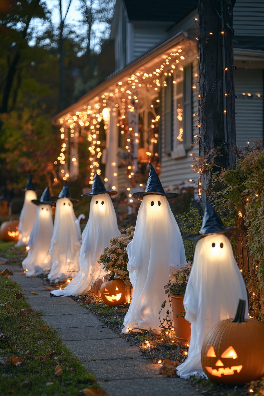 A charming Halloween display featuring six illuminated ghost figures adorned with black witches' hats and glowing faces. These ghost figures line the pathway leading up to a cozy house with an inviting front porch filled with warm, twinkling lights. Jack-o’-lanterns with mischievous grins are placed among the ghosts, enhancing the spooky ambiance. The house is surrounded by autumn foliage, adding to the seasonal atmosphere.