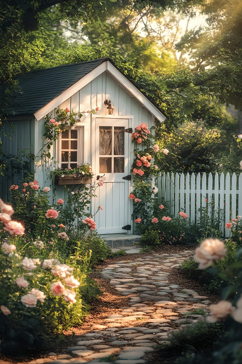 A quaint pastel-colored shed with flower boxes under its small window is nestled in a compact and manicured garden. A pale picket fence surrounds the garden, adorned with delicate climbing roses. A short cobblestone path connects the shed to a gate, all under the enchantment of the golden glow of the evening light.