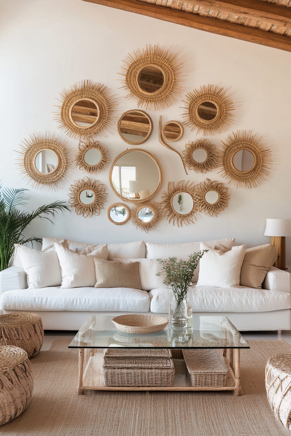 A spacious living room with a light color palette. A feature wall showcases a collection of woven decorative mirrors in various shapes and sizes, reflecting natural light. A minimalist white sofa, adorned with neutral-toned pillows, is positioned below the mirrors. A glass coffee table with wicker baskets underneath is placed in front of the sofa. Two woven ottomans are situated on either side of the coffee table. To the left is a large indoor plant, and soft ambient lighting adds warmth to the room.