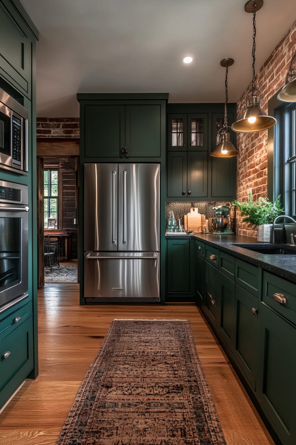 A moody farmhouse kitchen with deep forest green cabinets, black granite countertops, a stainless steel refrigerator, and a reclaimed wood floor. Exposed brick walls and subdued pendant lighting enhance the ambiance.