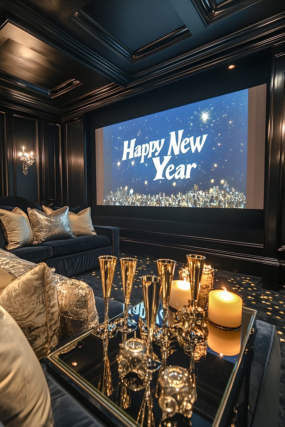 A spacious home theater room decorated for New Year’s Eve. To the right of the frame is a mirrored black side table holding five gold-rimmed champagne flutes, two silver candle holders with white candles, and scattered gold confetti. A large projector screen dominates the center and left of the image, displaying a festive "Happy New Year" message illuminated by the soft glow of wall sconces on either side. The room is primarily black and gold, creating a truly glamorous ambiance.