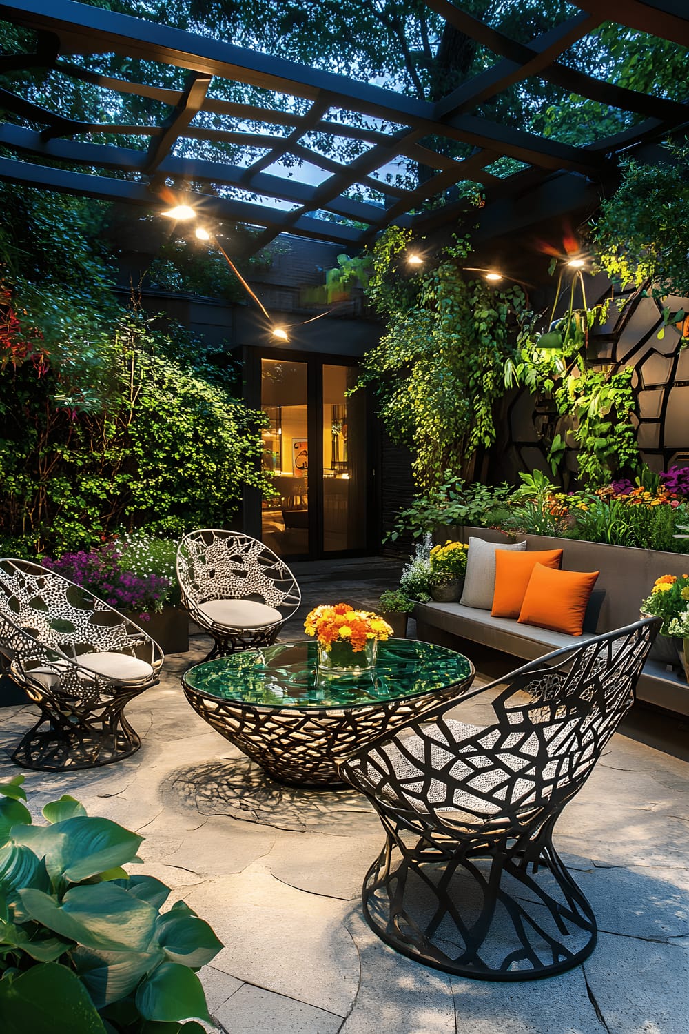 A backyard scene showcasing four metallic chairs with geometric designs arranged in a semi-circle around a clear glass coffee table. Each chair has a different geometric pattern, adding variety to the setup. The table is placed on a soft, turf-like carpet. Several lively, colorful potted plants are placed around the perimeter, and above, a modern, artistic overhead light throws a warm glow onto the space.