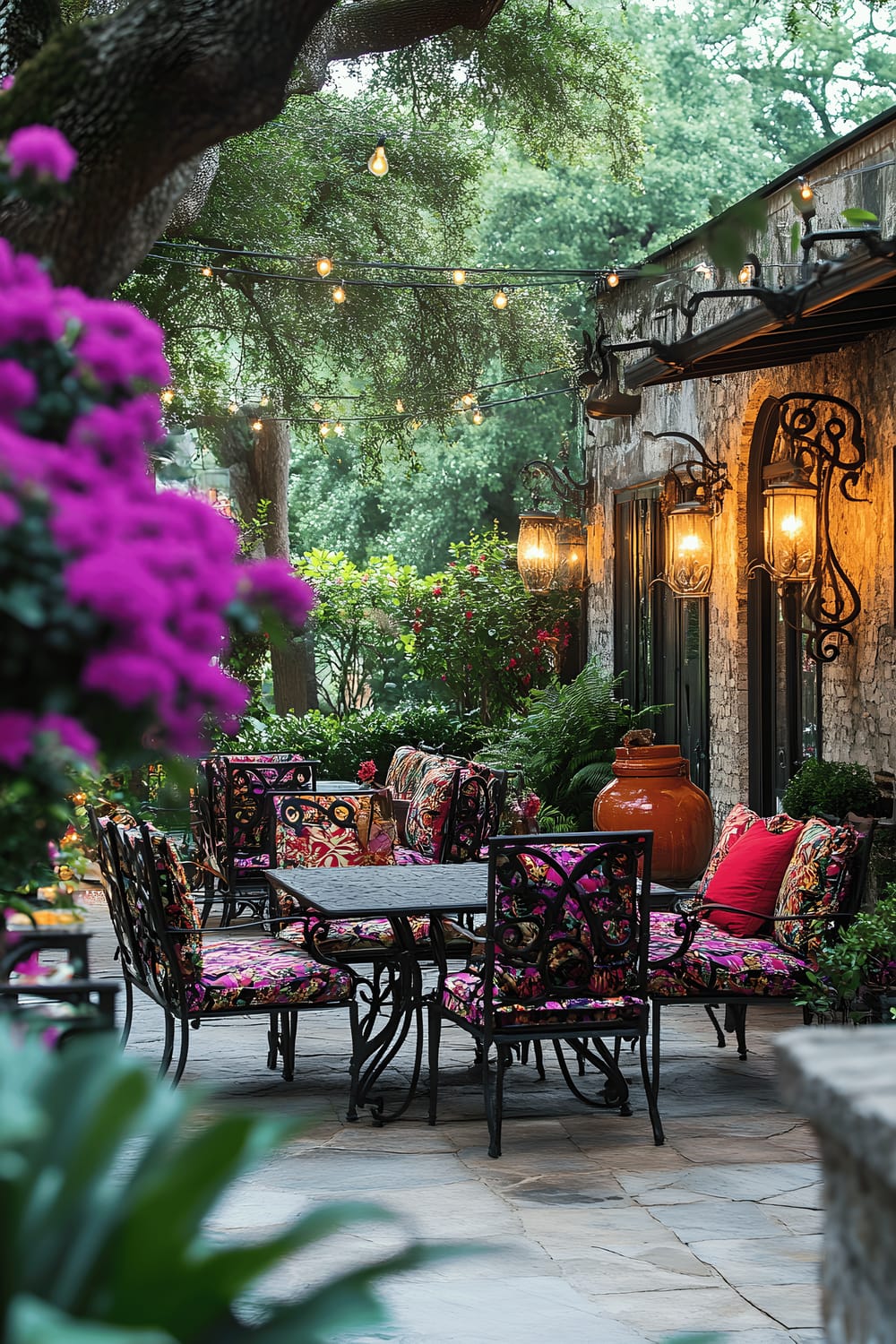 A vibrant patio scene inspired by New Orleans’ garden spaces with black wrought iron furniture adorned with colorful, patterned cushions. The patio is surrounded by lush greenery with blooming azaleas and jacaranda trees arranged in decorative pots. The evening's atmosphere is illuminated with twinkling string lights and antique lanterns hanging from the trees.