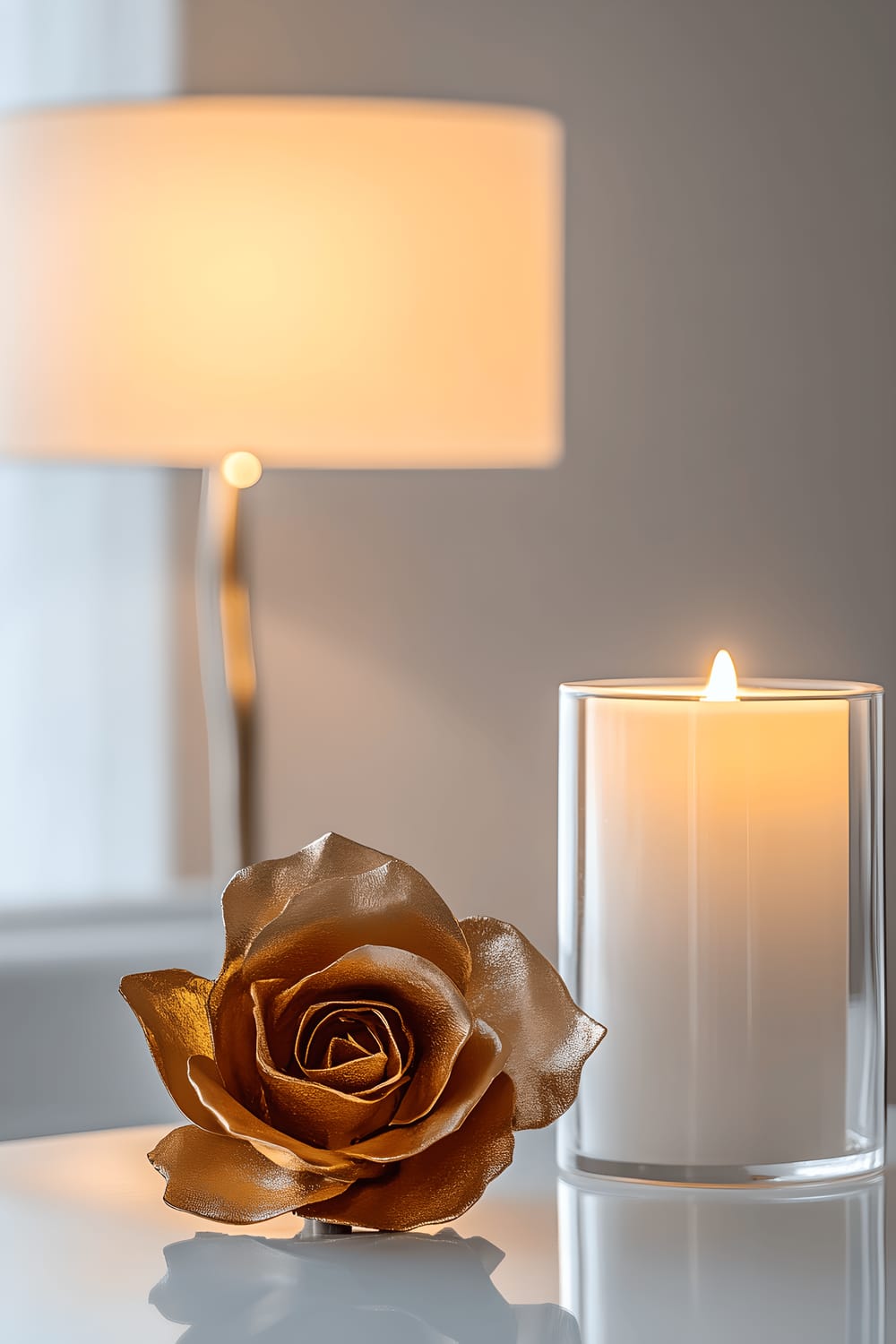 A contemporary coffee table in a minimalist setting, adorned with a single gold metallic rose and a burning white pillar candle in a clear glass holder. A soft amber light from an off-camera source illuminates the scene, reflecting off the rose's lustrous surface and enhancing the ambiance around the burning candle.