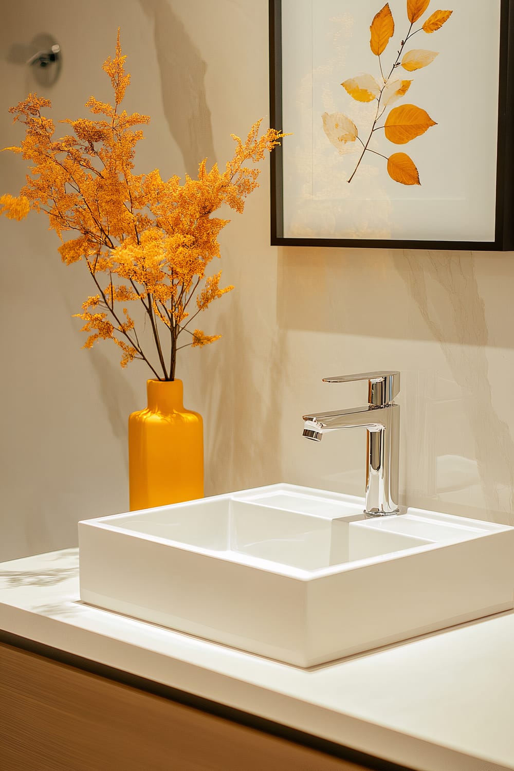 A modern bathroom sink setup featuring a sleek white rectangular vessel sink with a shiny chrome faucet on a light-colored countertop. Behind the sink, there's a vibrant mustard-yellow vase filled with delicate golden-orange flowers. To the right of the vase, a framed piece of art depicting a minimalist branch adorned with golden leaves complements the color scheme. The vertical wall background has a subtle marbled pattern, enhancing the elegance of the setting.