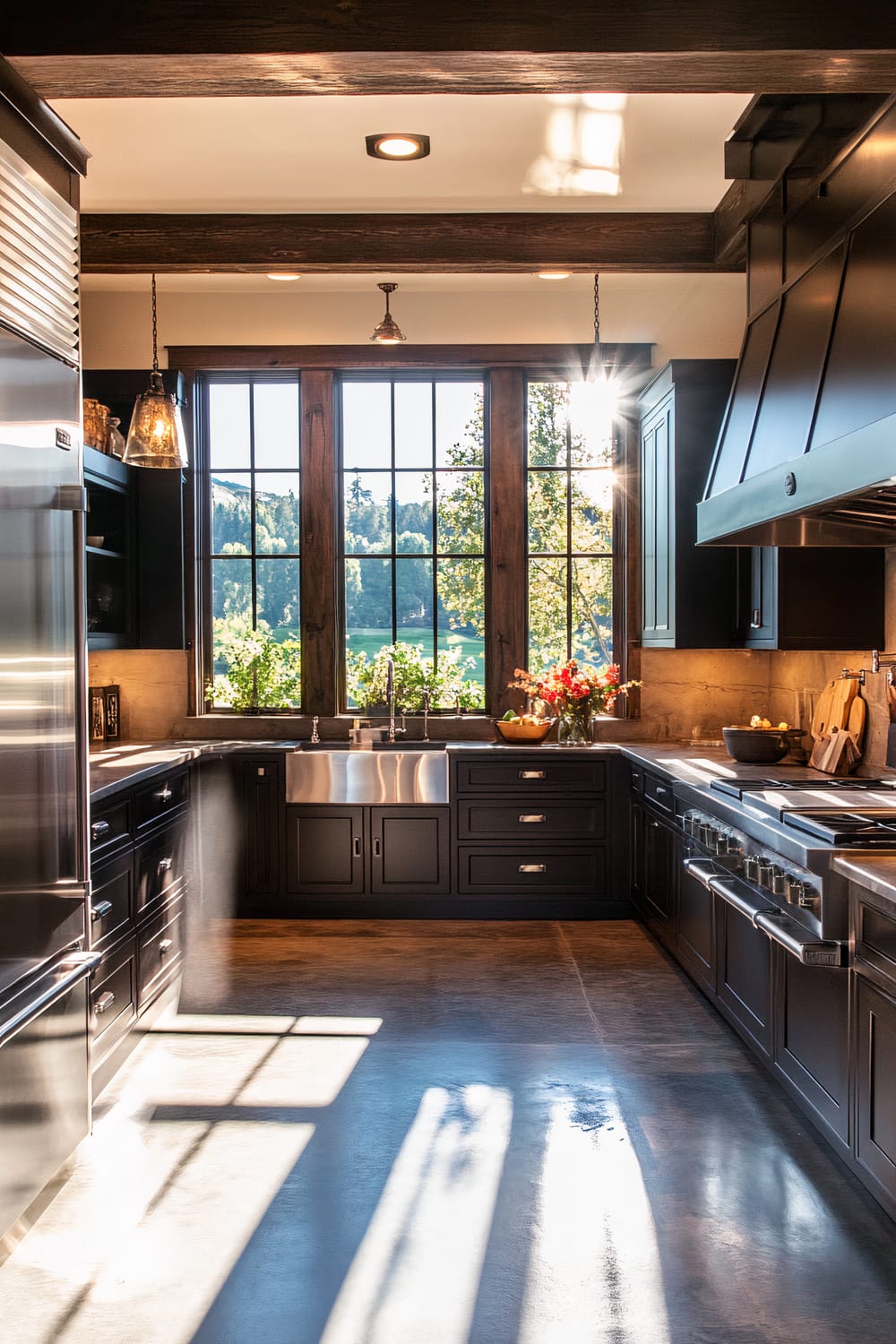 A farmhouse kitchen with dark espresso cabinets, blackened steel countertops, and a large industrial-style window. The kitchen features dramatic pendant lights and has exposed wooden beams and textured concrete flooring.