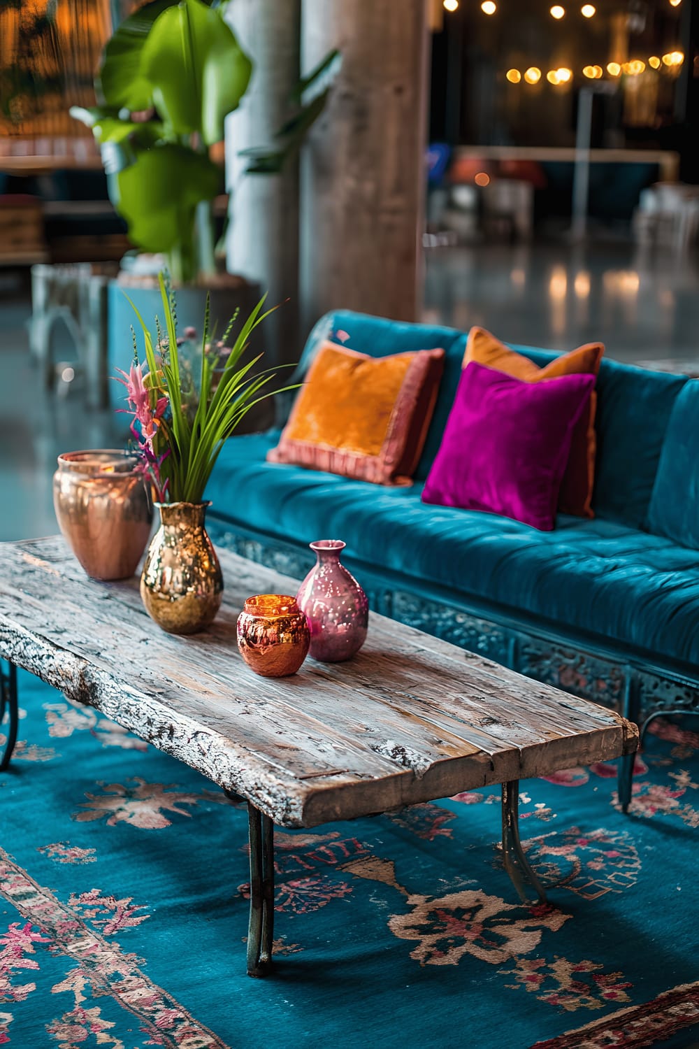 The picture showcases a sophisticated lounge area that primarily revolves around shades of deep teal and cobalt blue. The furniture includes a cobalt blue vintage wooden coffee table and deep teal metal sofas. Contrasting colours can be found in the form of apricot throw pillows and decorative vases in pink gold. The space is defined by bold teal rugs and enhanced by dramatic uplighting, highlighting the unique blend of colours and materials.