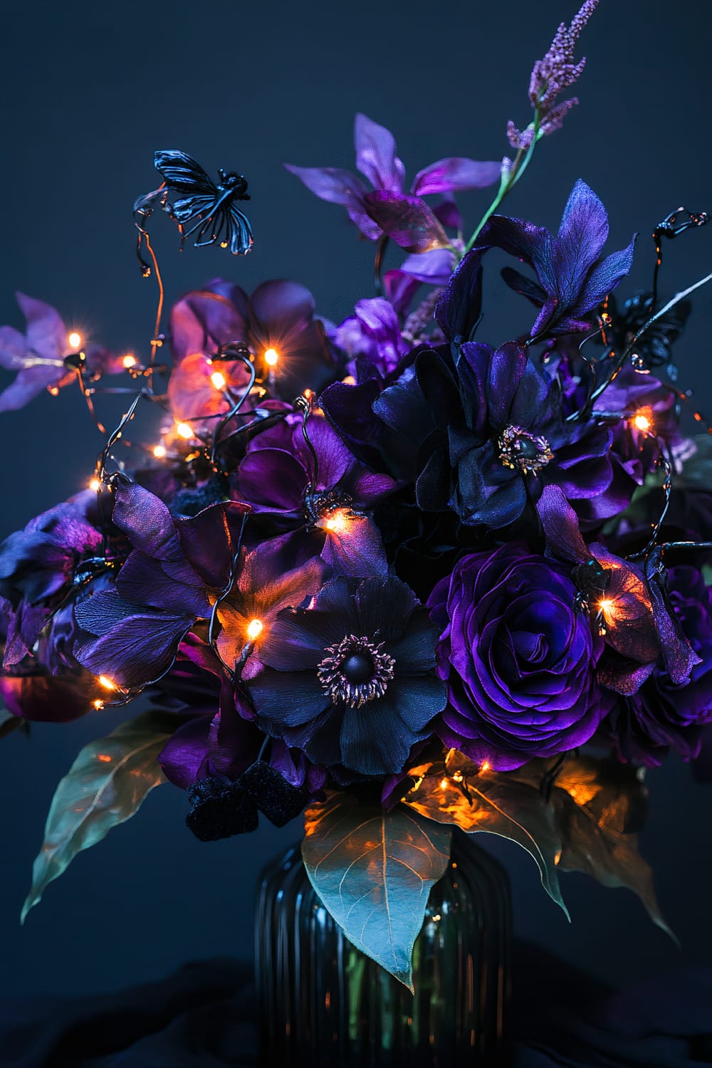 A closeup of an elegant floral arrangement features dark purple and black flowers intertwined with glowing fairy lights placed in a sophisticated glass vase. The arrangement is set against a subdued dark backdrop, with dramatic lighting that highlights the ethereal glow of the flowers and lights, creating a classy Halloween decor.