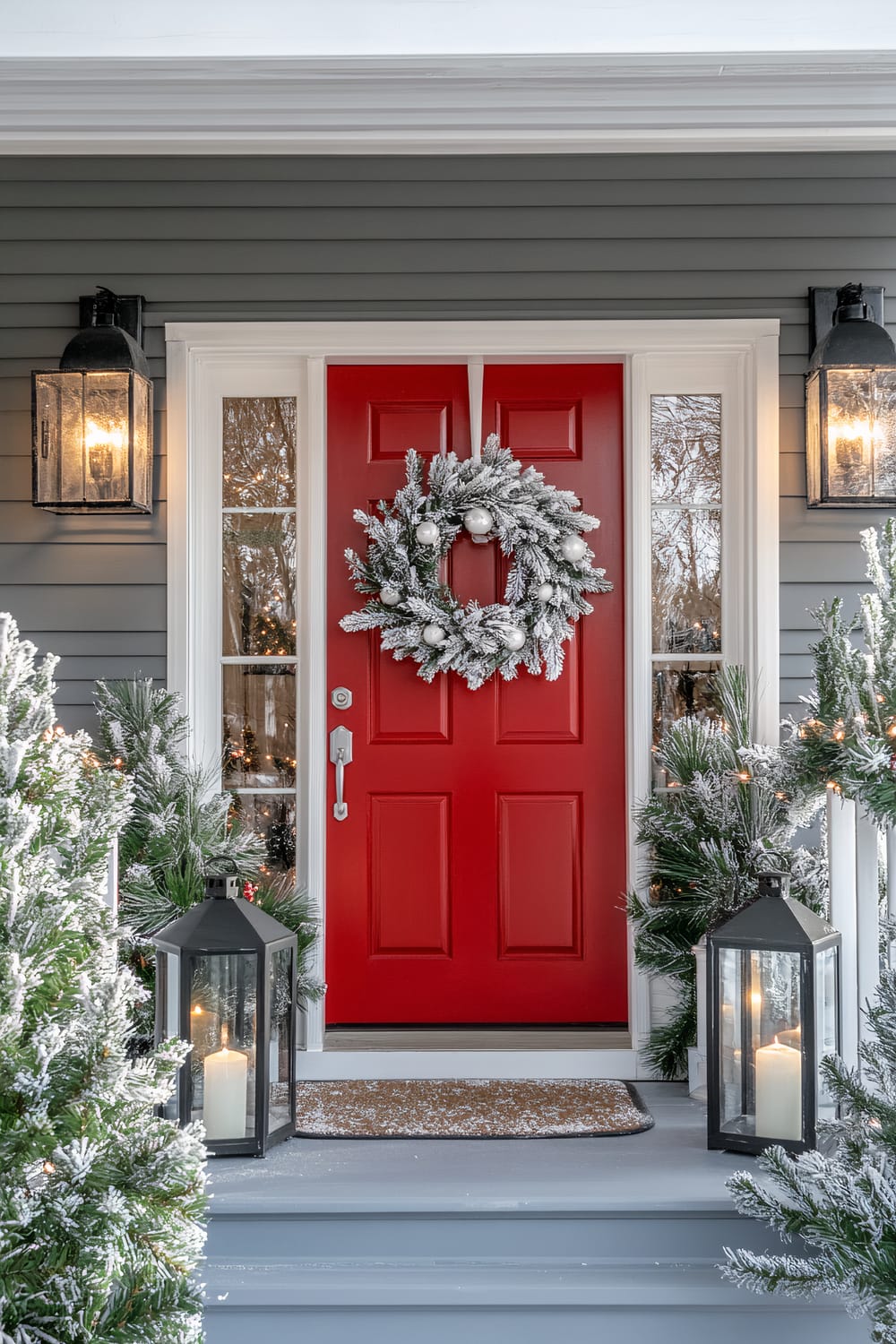 A Christmas porch with a vibrant red front door adorned with a white wreath made of frosted pine branches, white berries, and silver ornaments. The porch features simple garlands of fresh greenery with soft white lights around the railing. Two tall black lanterns with warm candlelight are on either side of the steps. Potted evergreen trees, dusted with snow, frame the entrance.