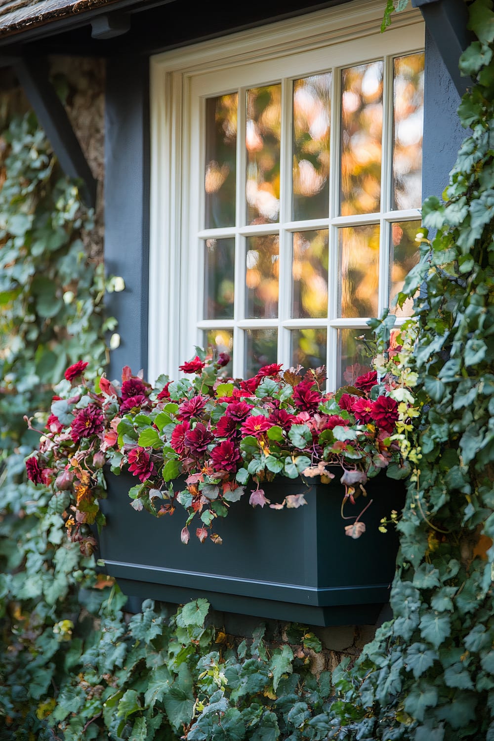 A window adorned with a box filled with vibrant red flowers and lush green leaves. The window has white trim and is set against a dark wall that is partly covered in ivy. The reflection of the foliage is visible in the window panes.