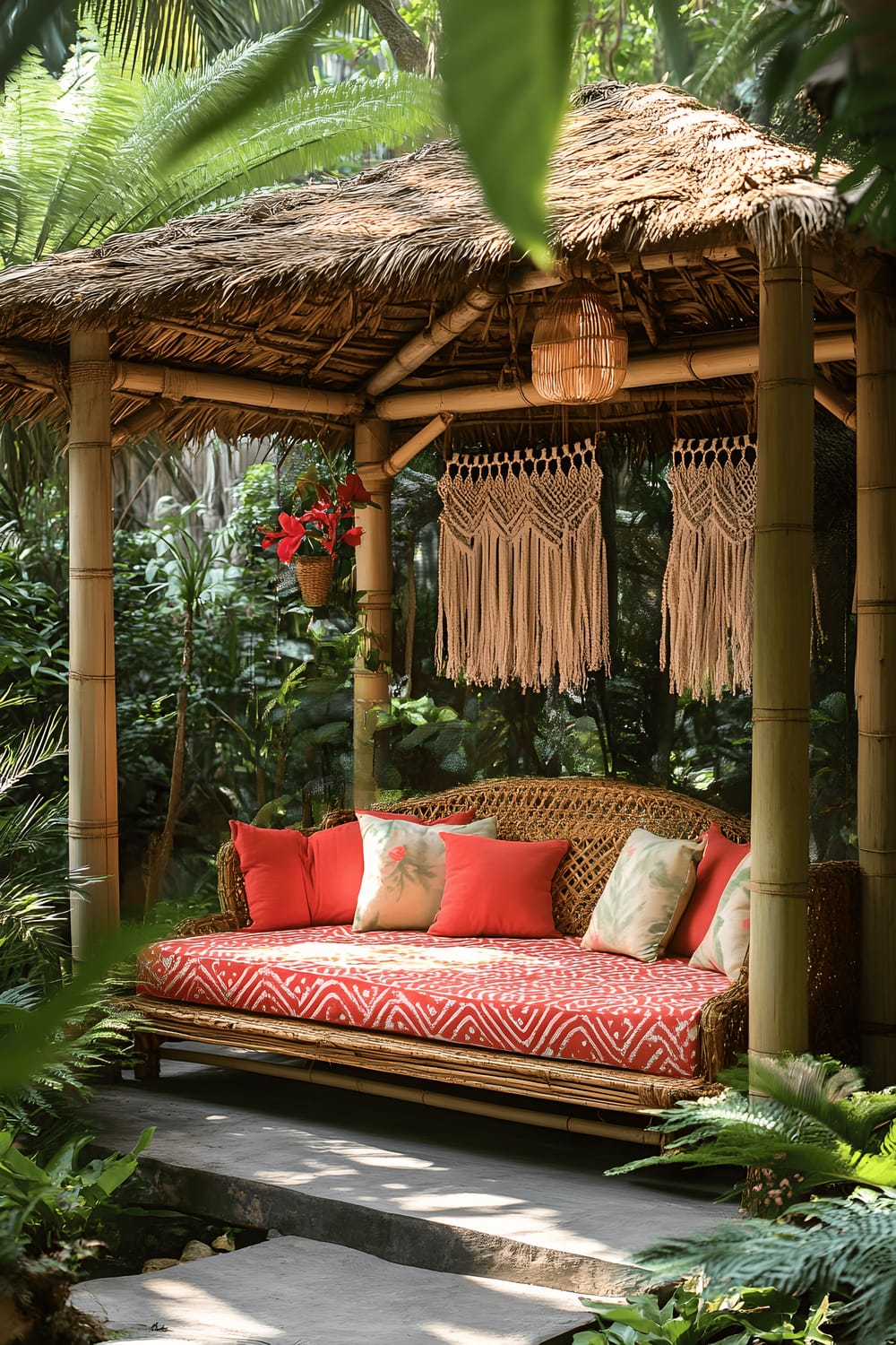 An exterior image showing a bamboo gazebo with a thatched roof, embellished with hanging macramé. The interior features a rattan daybed cushioned with bright coral pillows positioned under decorative hanging ferns. The entire structure is illuminated by the bright midday sun, nestled within a verdant surrounding.