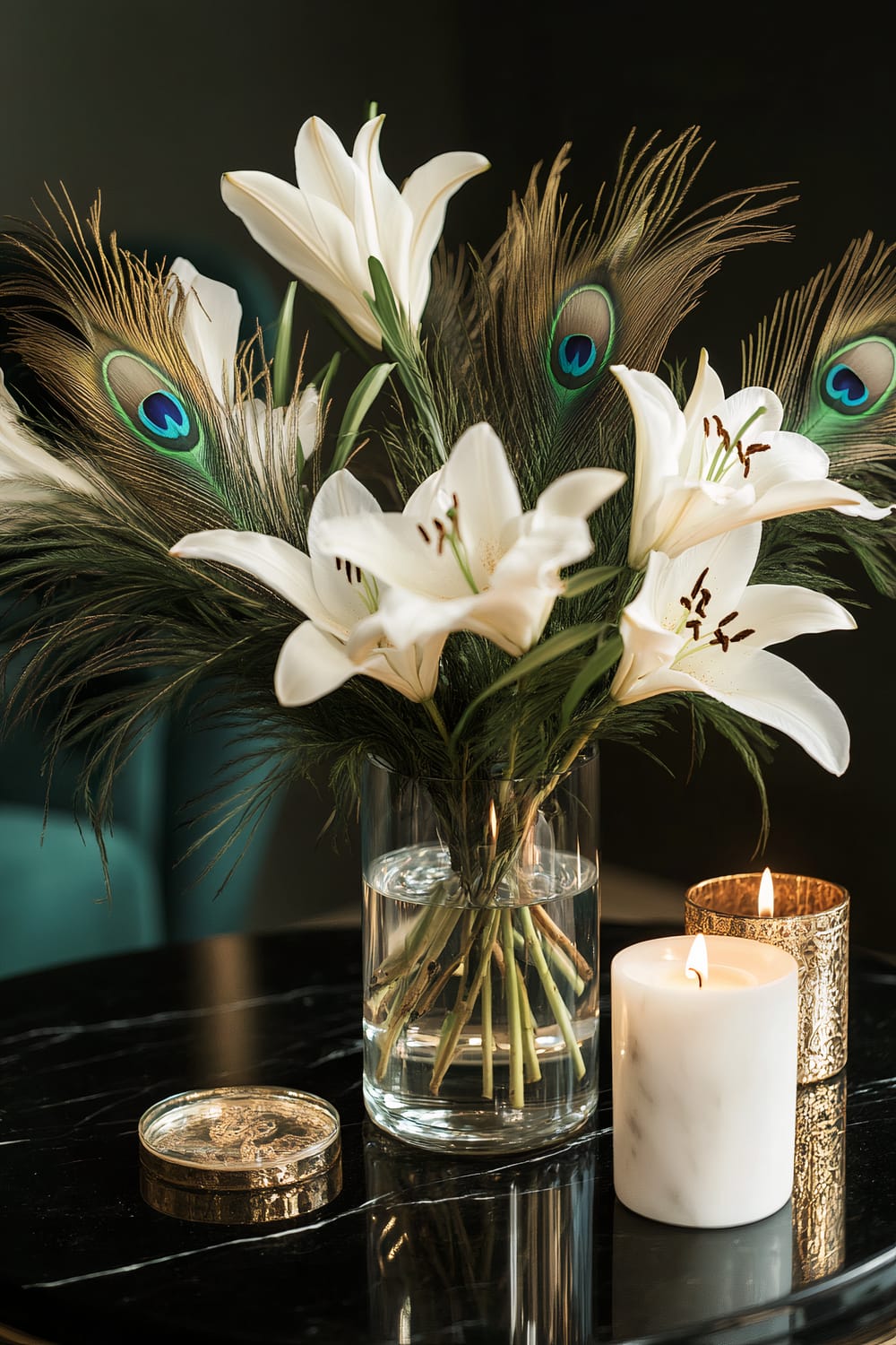 A glass vase containing white lilies and peacock feathers arranged together stands on a polished black marble table. Beside the vase, a lit white candle and another lit candle in an ornate golden holder cast a warm glow, creating an elegant and serene ambiance.