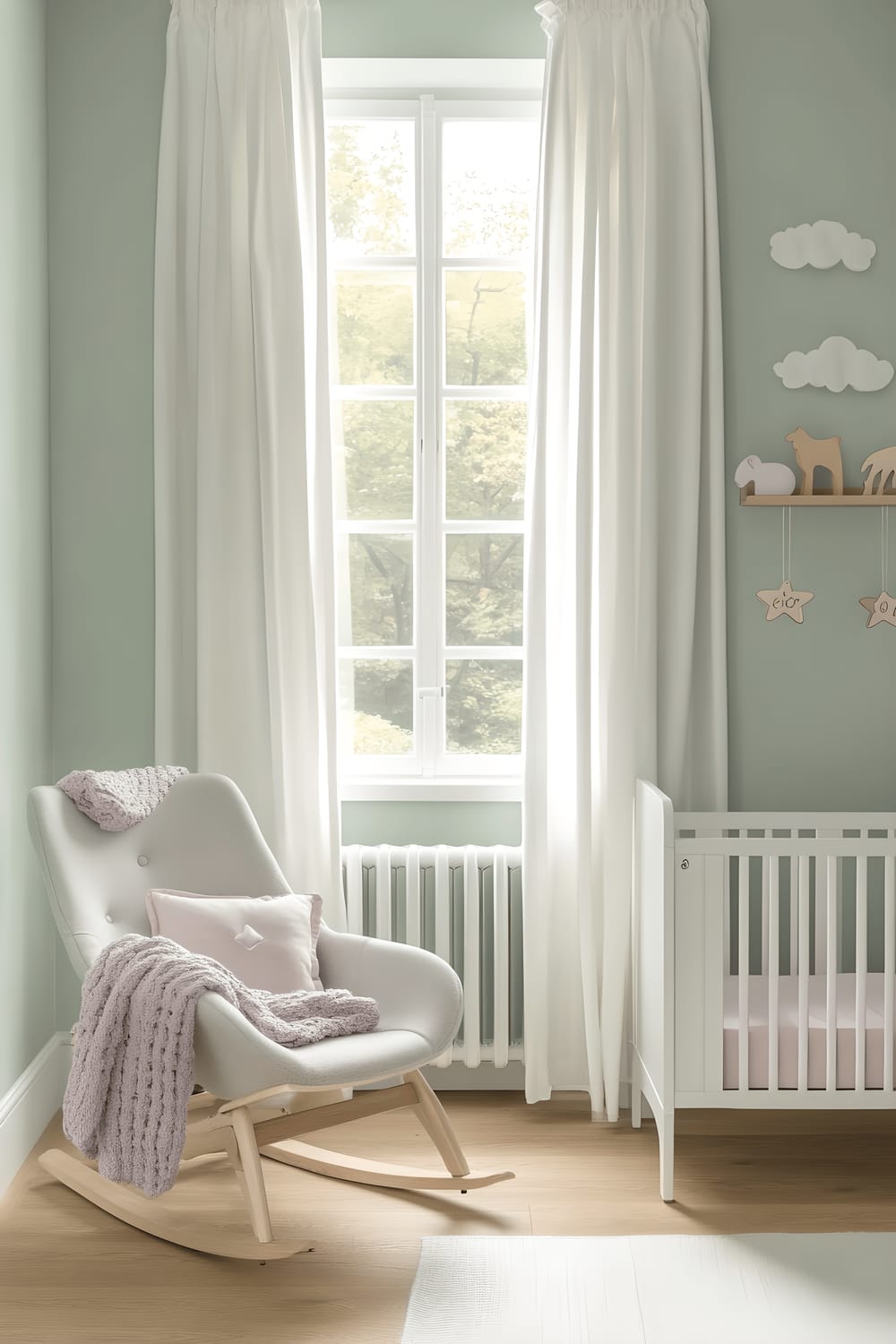 A soft mint green nursery with a white crib adorned with pastel pink bedding against a wall covered in delicate cloud and star decals. The room includes a light gray rocking chair with a lavender chunky knit throw facing a large window with sheer white curtains. A small wooden shelf is filled with pastel-colored children's books and a wooden animal mobile. All elements are bathed in soft natural light showcasing a light oak flooring for a peaceful atmosphere.