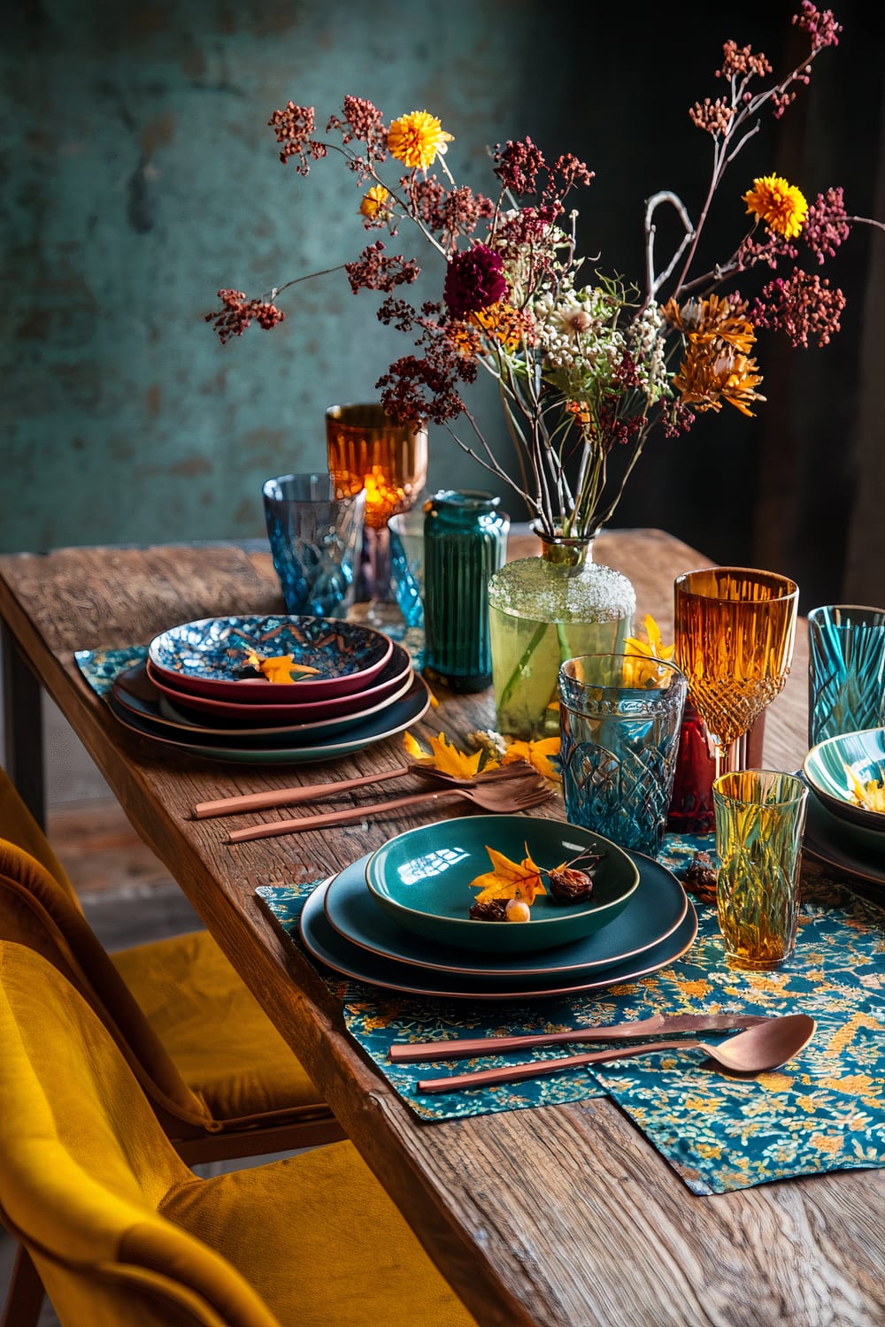 A bohemian-style Thanksgiving dining setup with a wooden table adorned with a teal and mustard patterned table runner. The table features mismatched vintage plates in vibrant colors, copper flatware, and colorful glass vases filled with dried flowers and autumn leaves. Plush velvet cushions are on the chairs, and natural light highlights the rich textures and diverse color palette.