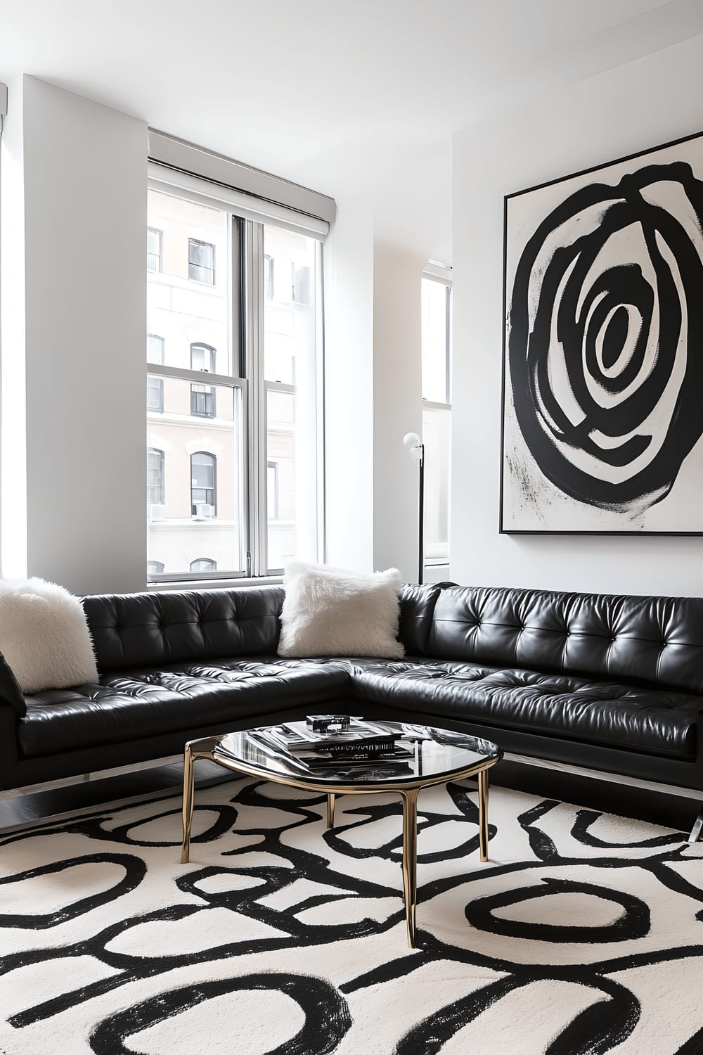 A stylish Soho apartment living room in a bold black and white colour scheme. The room features a sleek black leather sofa offset by a geometric white rug. Gold and chrome metallic accents are distributed throughout the room. Abundant natural light streams through large, floor-to-ceiling windows. Black and white abstract art pieces hang on the white wall, bringing an urban chic vibe to the space.