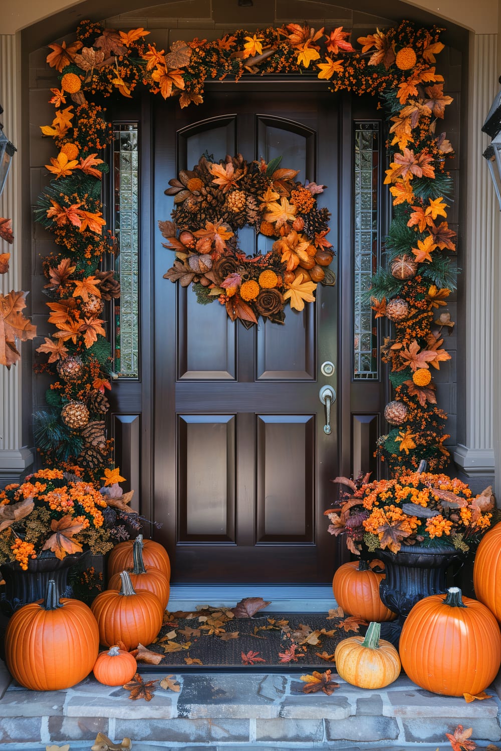 A front door beautifully adorned for autumn with a dark wooden finish. The door is framed by a garland of orange and yellow autumn leaves, interspersed with pinecones and yellow floral elements. A wreath made of similar materials hangs at the door's center. The steps leading up to the door are flanked by several pumpkins of varying sizes and a couple of black urn planters filled with vibrant orange flowers and autumn leaves. The stone steps are scattered with fallen leaves.