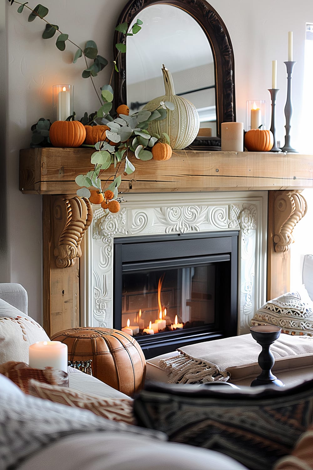 Elegant living room featuring a cozy fireplace with carved wood details and intricate white molding. The fireplace mantel is adorned with small pumpkins, green leafy branches, candles, and a large mirror. A leather pouf and cushioned seats with textured blankets and pillows enhance the inviting atmosphere.