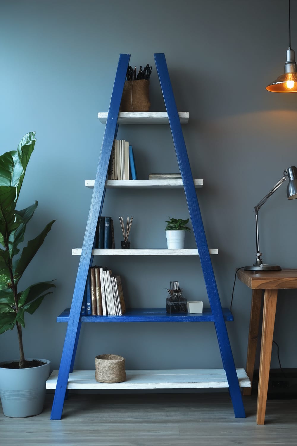 A creatively upcycled wooden ladder repurposed as a bookshelf, painted in bright cobalt blue with contrasting white shelves. The bookshelf is set against a soft grey wall in a stylish home office. The wooden ladder shelf is illuminated by overhead lighting, highlighting its unique structure. The bookshelf holds various items, including books, plants in white pots, and decorative objects. To the right, a wooden desk with a metal desk lamp is partially visible, and a green potted plant is placed to the left.