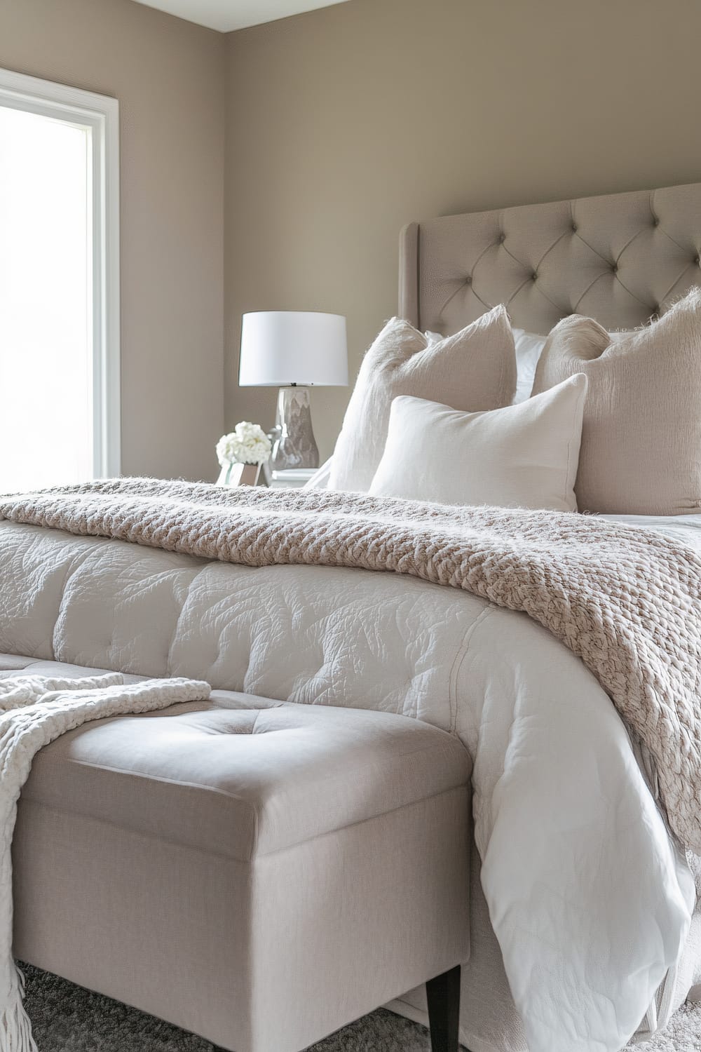 A serene bedroom featuring a muted color palette of beige and cream. The bed, dressed in a quilted white comforter, is adorned with an assortment of beige pillows and a chunky knit throw at the foot. A tufted headboard in beige fabric adds texture to the room. Next to the bed, there's a white lamp with a simple shade on the nightstand, accompanied by a small vase of white flowers. A beige upholstered bench sits at the foot of the bed, with part of the knit throw draped over its edge.