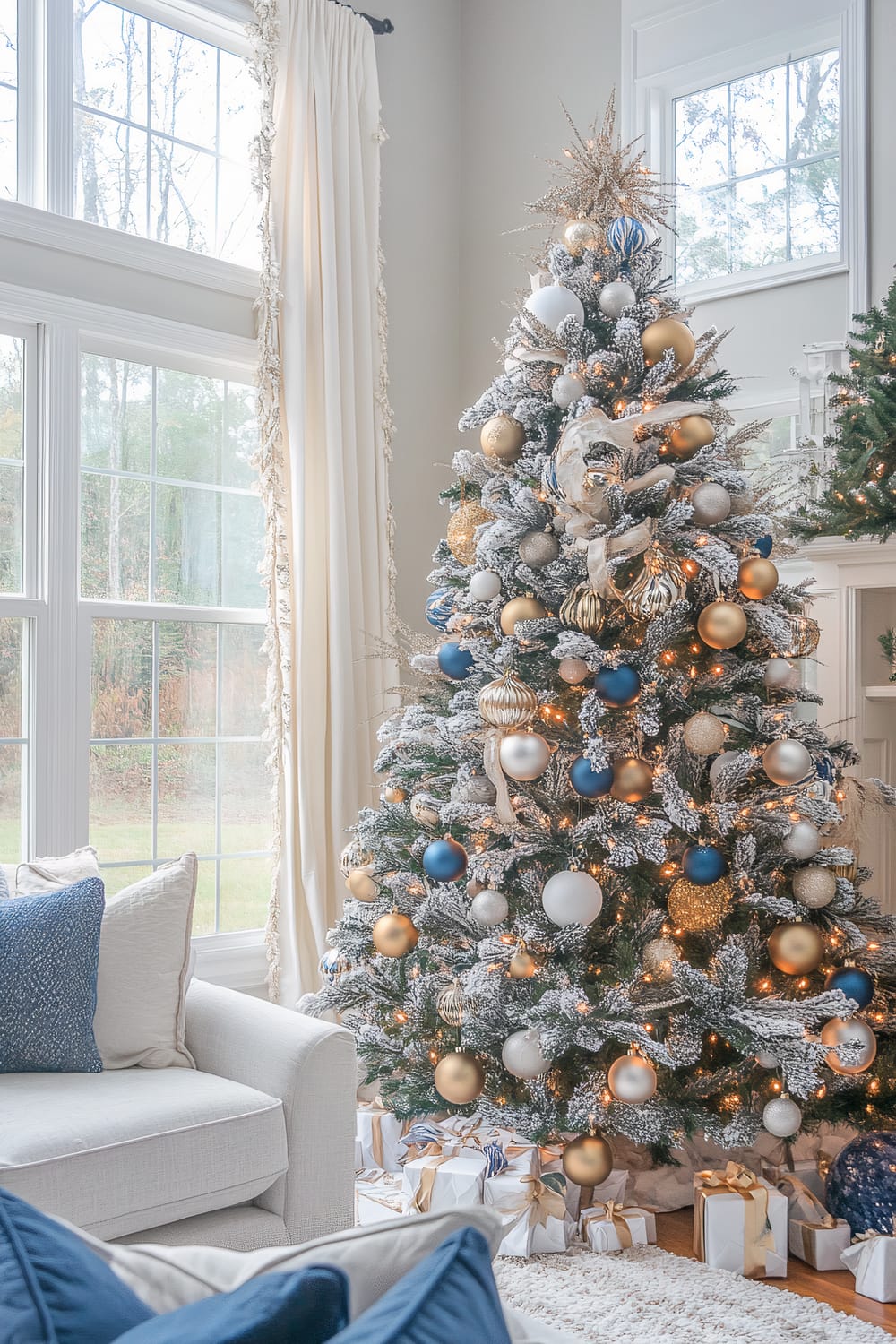 An elegantly decorated Christmas tree stands in a modern living room, adorned with gold, blue, and silver ornaments. The tree is heavily flocked with white artificial snow, and presents wrapped in white and gold paper sit beneath it. The room features a large window with white curtains, allowing natural light to flood in, and a white sofa with blue accent pillows is partially visible in the foreground.