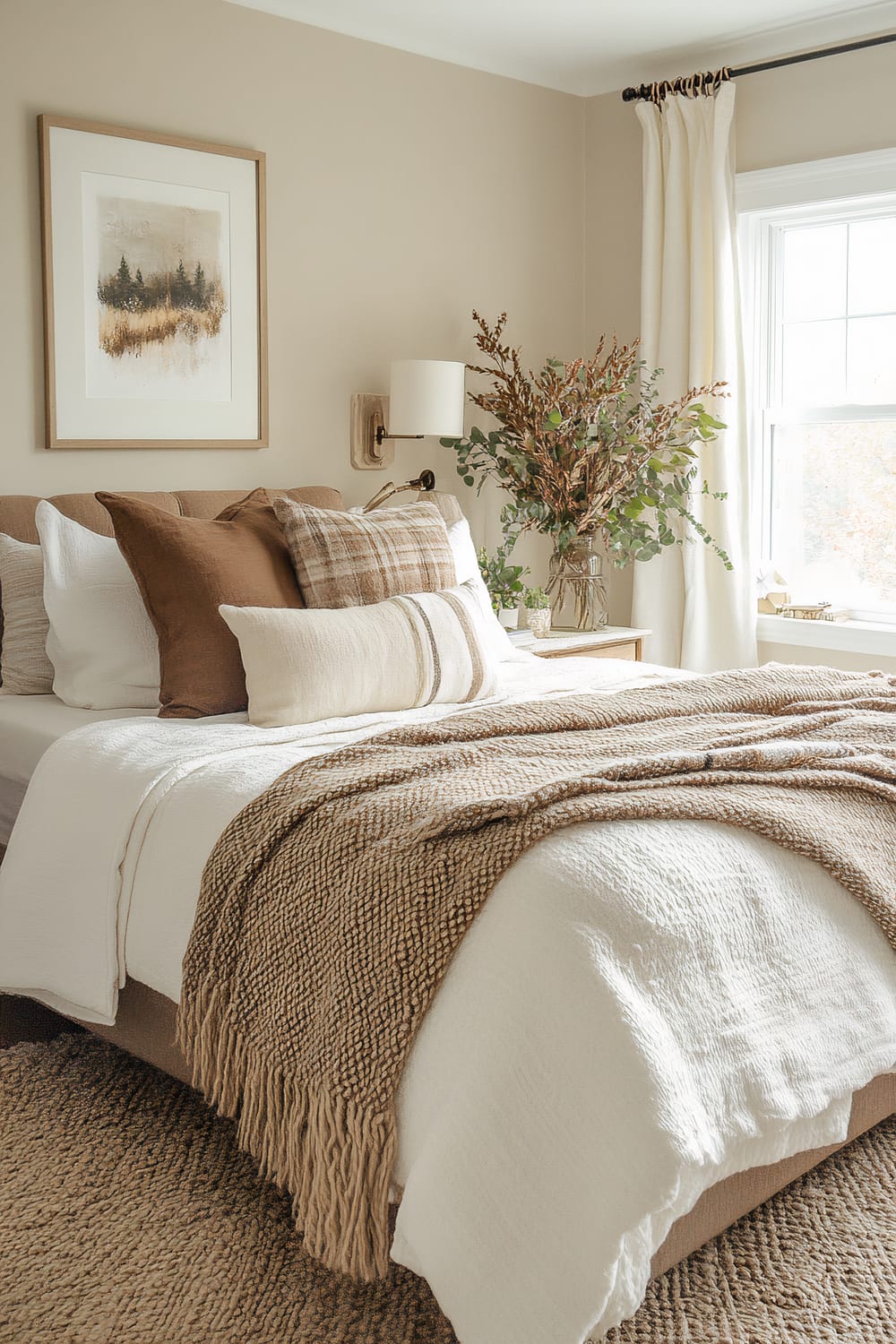 A warmly lit bedroom featuring a beige color palette and earthy accents. The bed is adorned with white and brown pillows and a cozy beige blanket. A landscape painting hangs on the wall above the bed. A vase with greenery sits on the nightstand next to a window with white curtains.