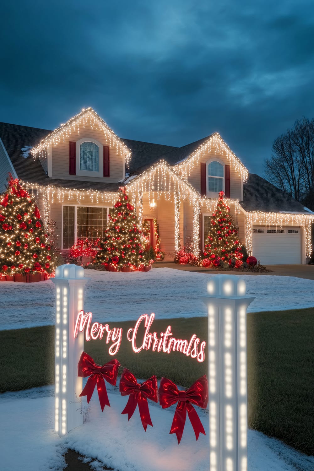 A festive house exterior glowing with warm holiday charm displays a cheerful "Merry Christmas" light sign framed by white posts with bright red bows. The front yard is decorated with two illuminated Christmas trees adorned with red and white ornaments, which complement the house's color theme. Icicle lights hang from the roofline, casting a magical glow over the snowy lawn. Strings of warm lights frame the windows and eaves, creating a perfect winter evening scene that captures the joyful spirit of the holidays.