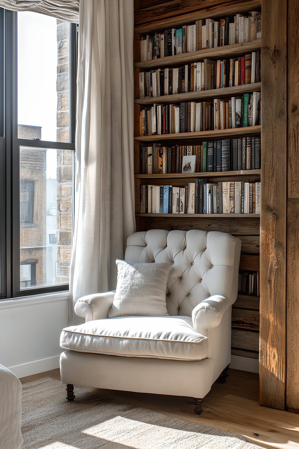 A corner apartment room illustrating a reading nook composed of a tufted fabric armchair placed by a reclaimed wood bookshelf. The room is naturally illuminated by the exterior light streaming from two adjacent windows. The space encapsulates a blend of farmhouse and contemporary design styles.