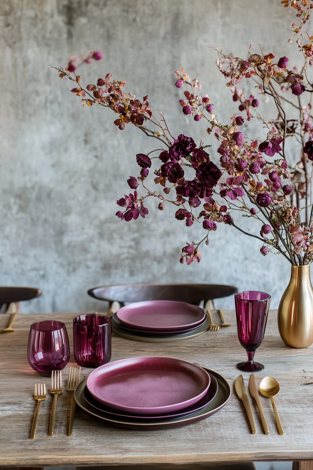 A Thanksgiving dining setup featuring chartreuse glassware and plum ceramic plates on a reclaimed wooden table. Gold flatware complements the setting. The minimalist centerpiece has chartreuse and plum flowers in a sleek gold vase placed to the right. The table is set for two, with a background of a textured gray wall, creating a lively and elegant atmosphere.