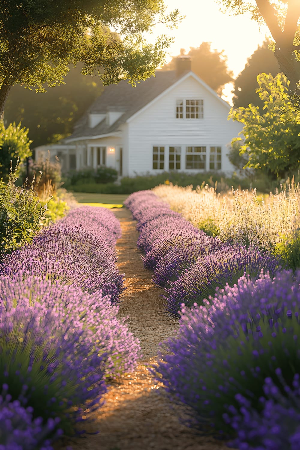 A picturesque scene of a pathway lined by vibrant lavender flowers leading to a traditional white farmhouse, bathed in soft golden light. The setting is peaceful and serene, suggesting a warm late summer or early fall evening with gentle breezes causing the flowers to sway subtly.