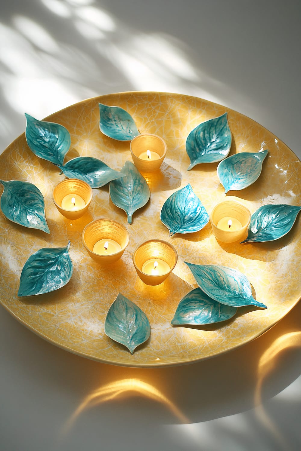 A flat, golden yellow ceramic plate is decorated with scattered turquoise leaves and small golden candle lights. The plate is softly lit from the side, highlighting the vibrant color contrast between the turquoise leaves and the golden plate and candles.