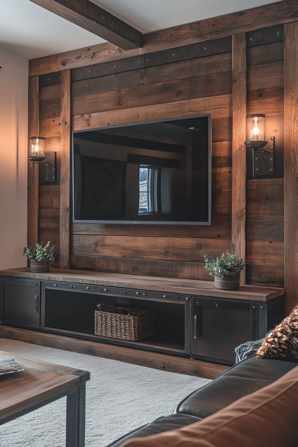 A warm living room with a large flat screen TV mounted on a wall decorated with reclaimed wood panels. Flanked by ambient wall sconces, the TV blend seamlessly into the rustic decor accented by small plants and metal ornaments.