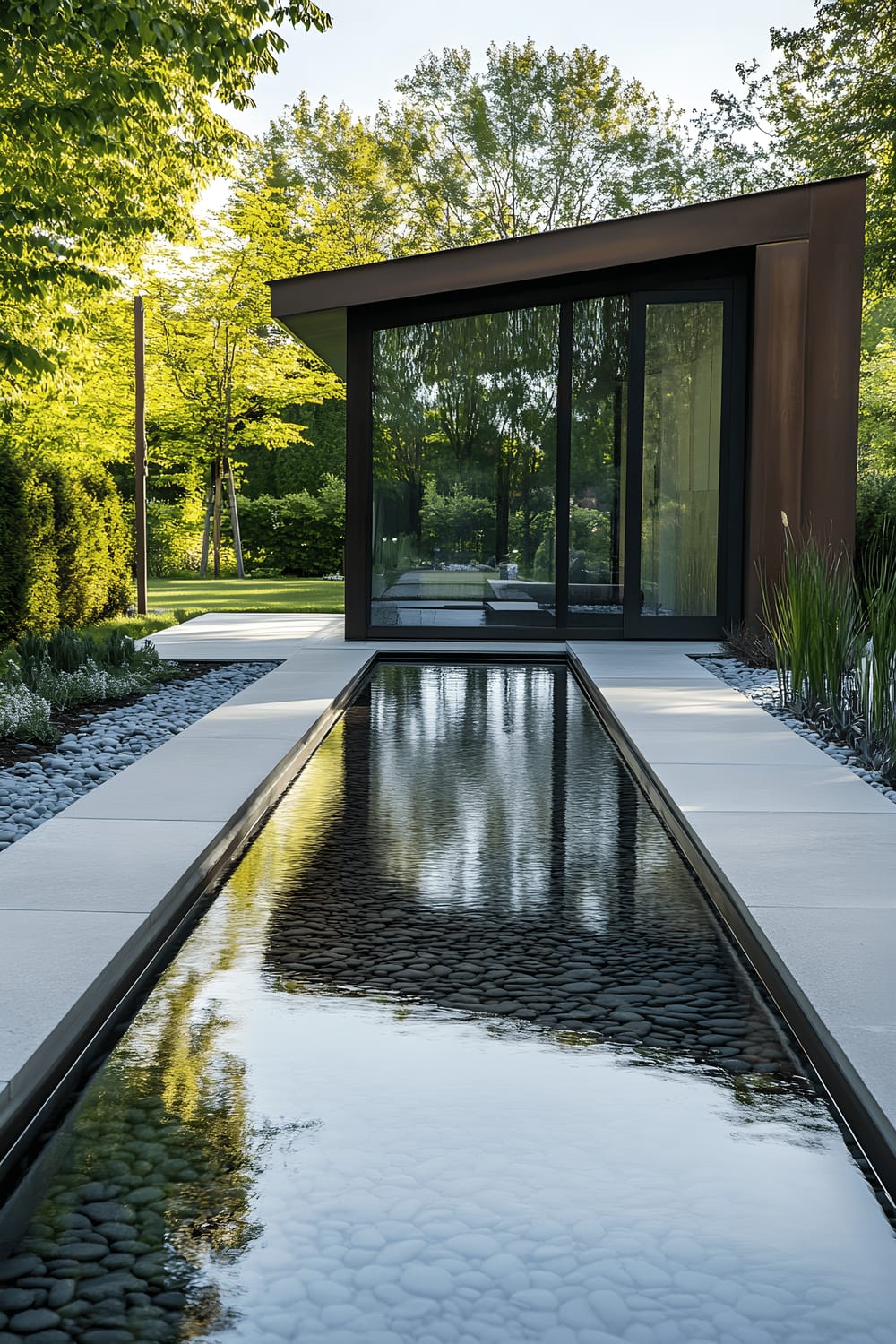 A modern glass and metal shed located in a well-maintained minimalist garden with a linear reflective pool surrounded by smooth pebbles. The garden also hosts a selection of carefully positioned sculptural plants. The scene is bathed in a bright midday light, rendering sharp contrasts and clear reflections.