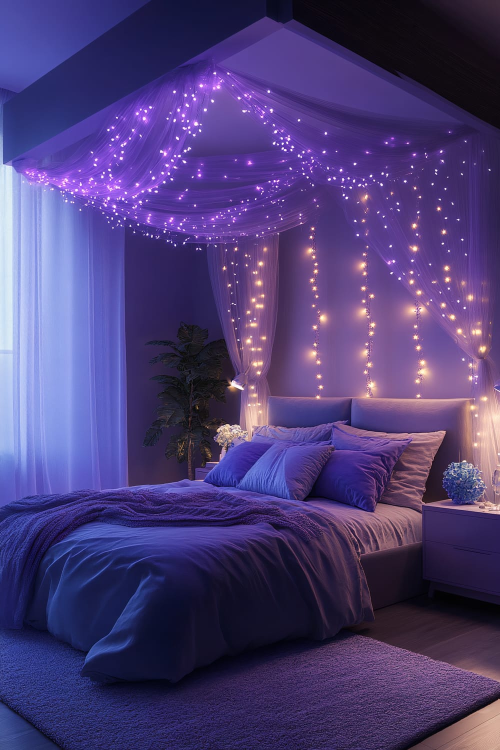 A modern bedroom featuring a bed with soft lavender and midnight blue bedding. The bed is situated under an ethereal canopy adorned with fairy lights, creating a dreamy atmosphere. Ambient lighting enhances the soft, enchanting design. The room includes a sleek side table with flowers, a potted plant, sheer curtains, and uncluttered, elegant decor.