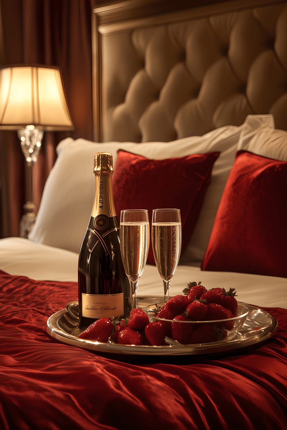 A luxuriously adorned king-sized bed featuring a rich, crimson satin sheet. Atop the bed rest a tray with a chilled bottle of champagne next to two sparkling crystal flutes and a bowl of fresh, plump strawberries. Two bedside lamps bathe the scene in warm, ambient lighting, underscoring the indulgent and romantic atmosphere.