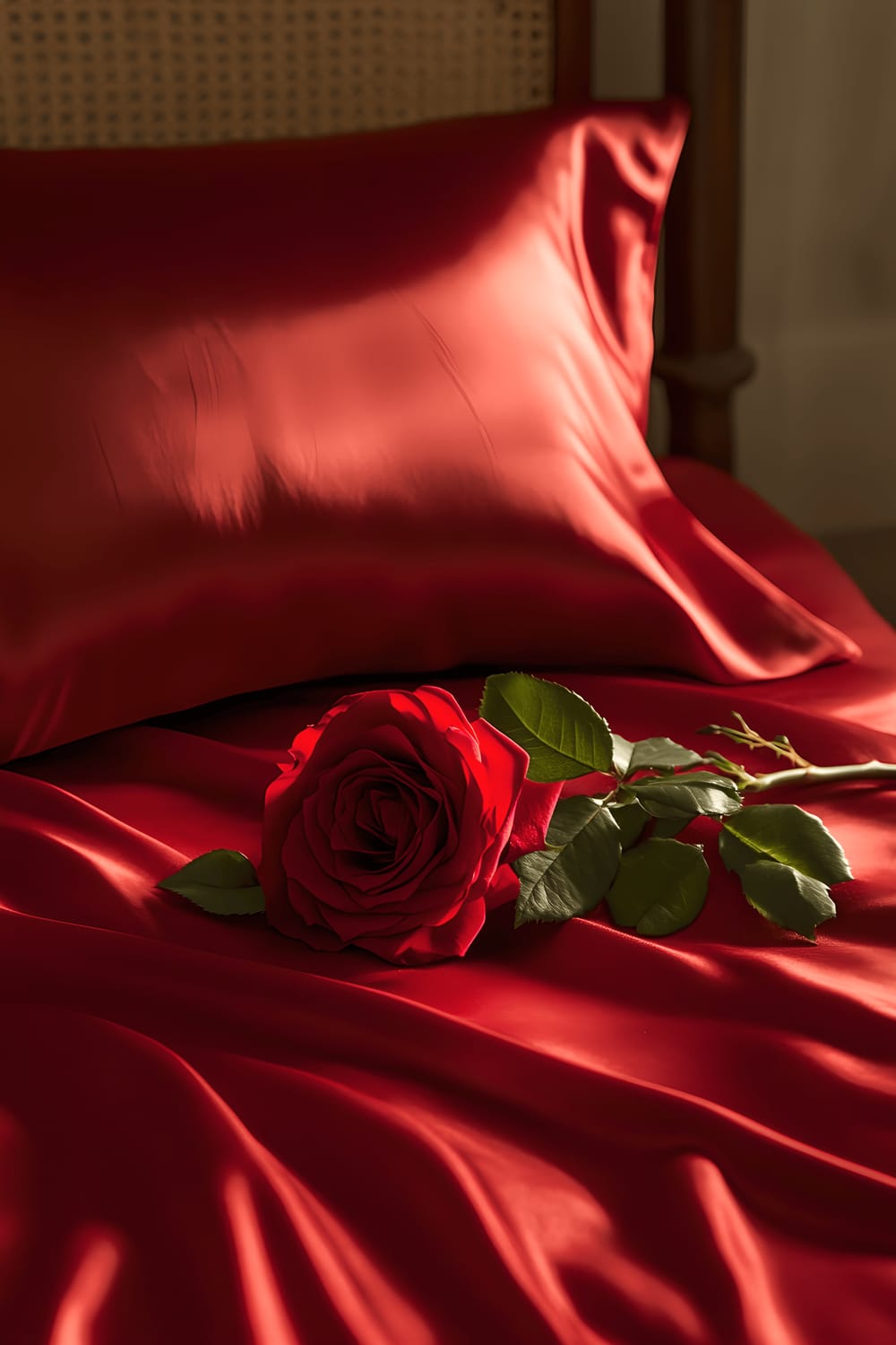 A romantic bedroom scene with a bed decorated with shiny red silk sheets. A single red rose is placed thoughtfully on a pillow, bathed in the soft glow of ambient lighting, enhancing the silk's texture and the rose's delicate nature.