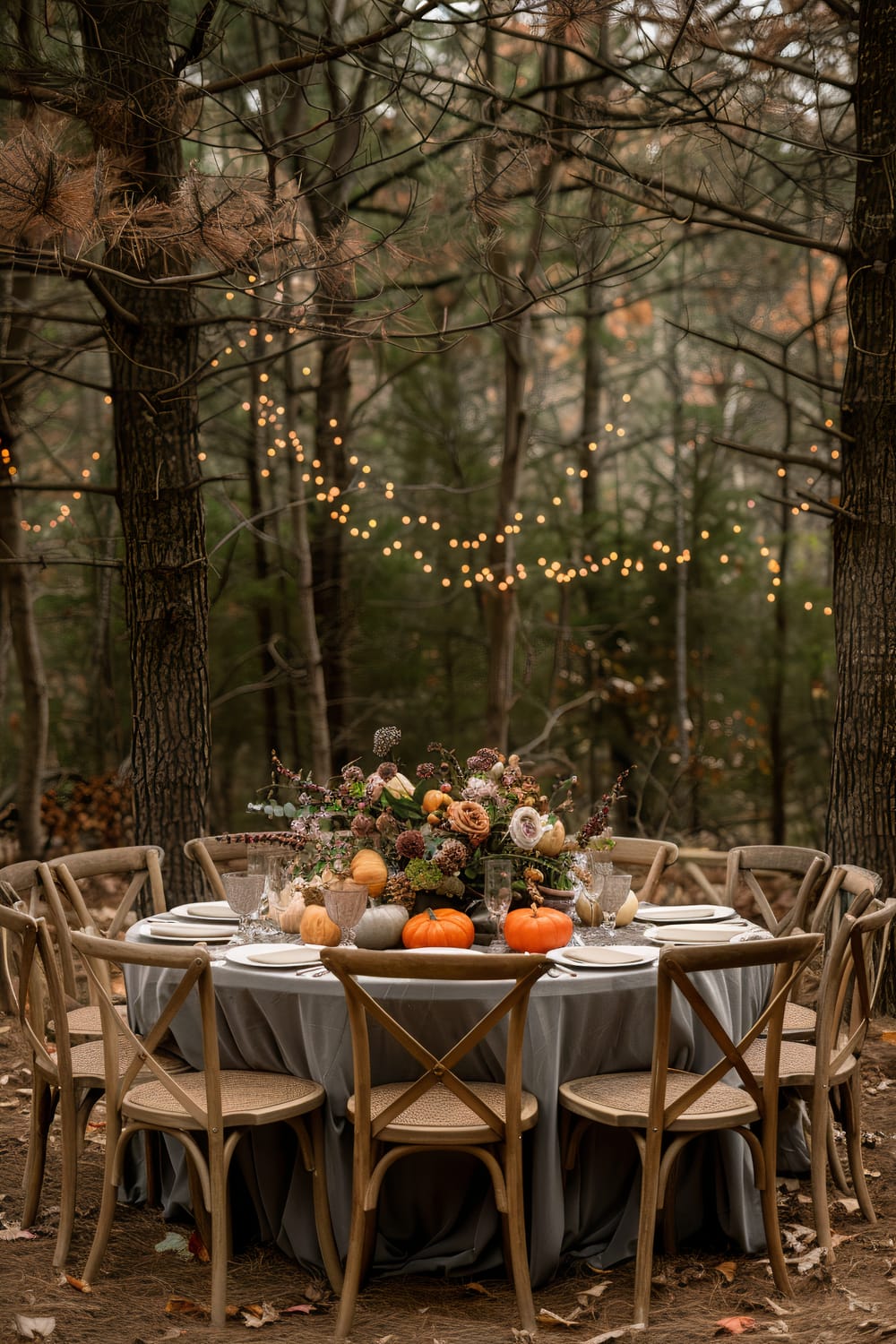 A charming outdoor dining setup in a forest. The round table is draped in a soft blue-gray tablecloth and surrounded by wooden chairs with cane seats. The table is adorned with an elaborate centerpiece featuring pumpkins, flowers, and greenery. Overhead, warm string lights are strung between the trees, creating a magical ambiance.