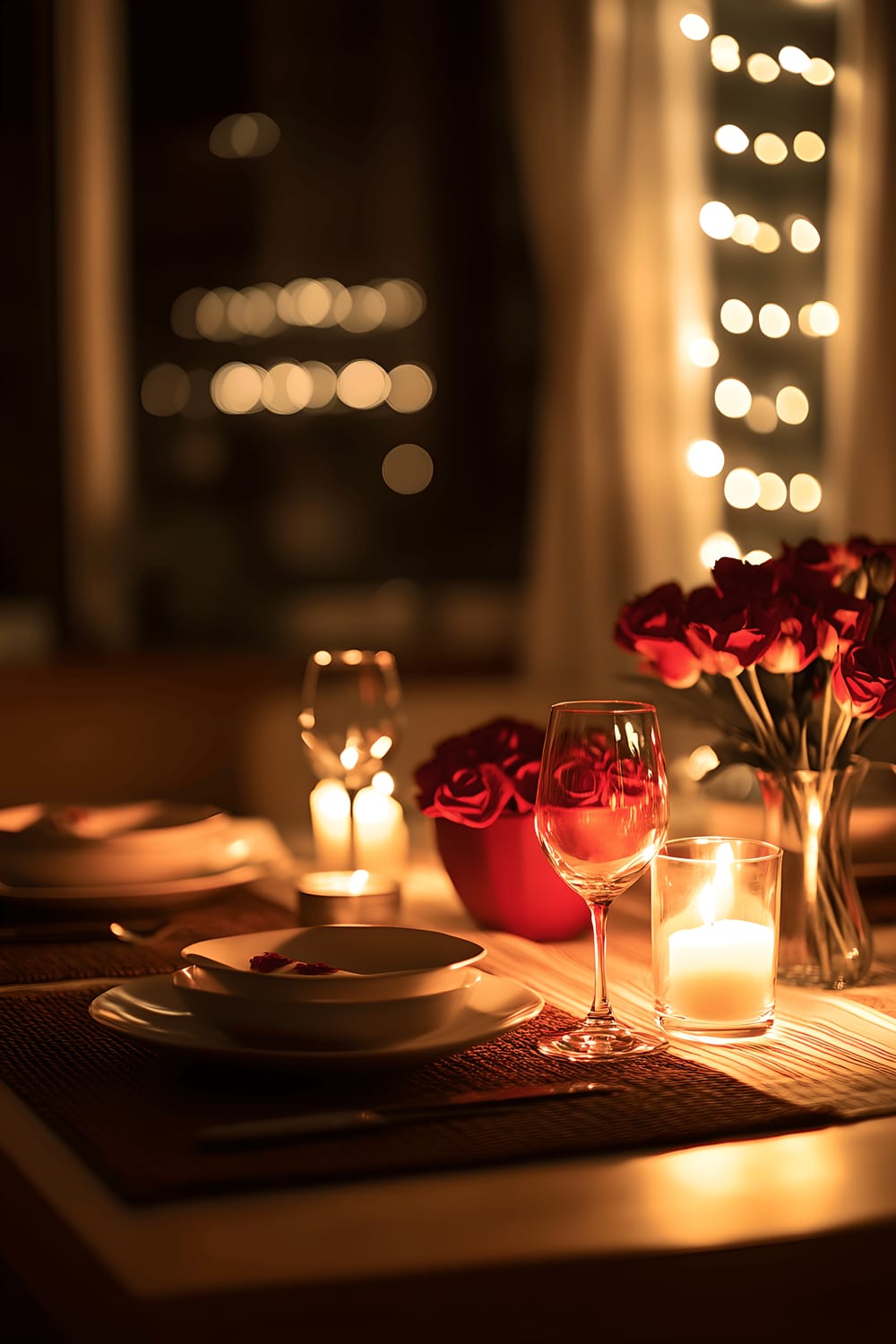 A dining table elegantly set with a bold red centerpiece, simple white tableware, and softly flickering candles creating a warm, inviting ambiance.