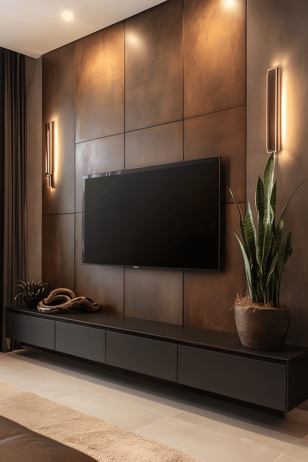 A modern living room scene featuring a sleek, wall-mounted TV surrounded by floating panels of dark leather. Small, shiny metallic details are interspersed among the panels. A large potted snake plant sits near the setup, enhancing the organic aesthetic. The elegant arrangement rests against a muted taupe wall, bathed in subtle side illumination.