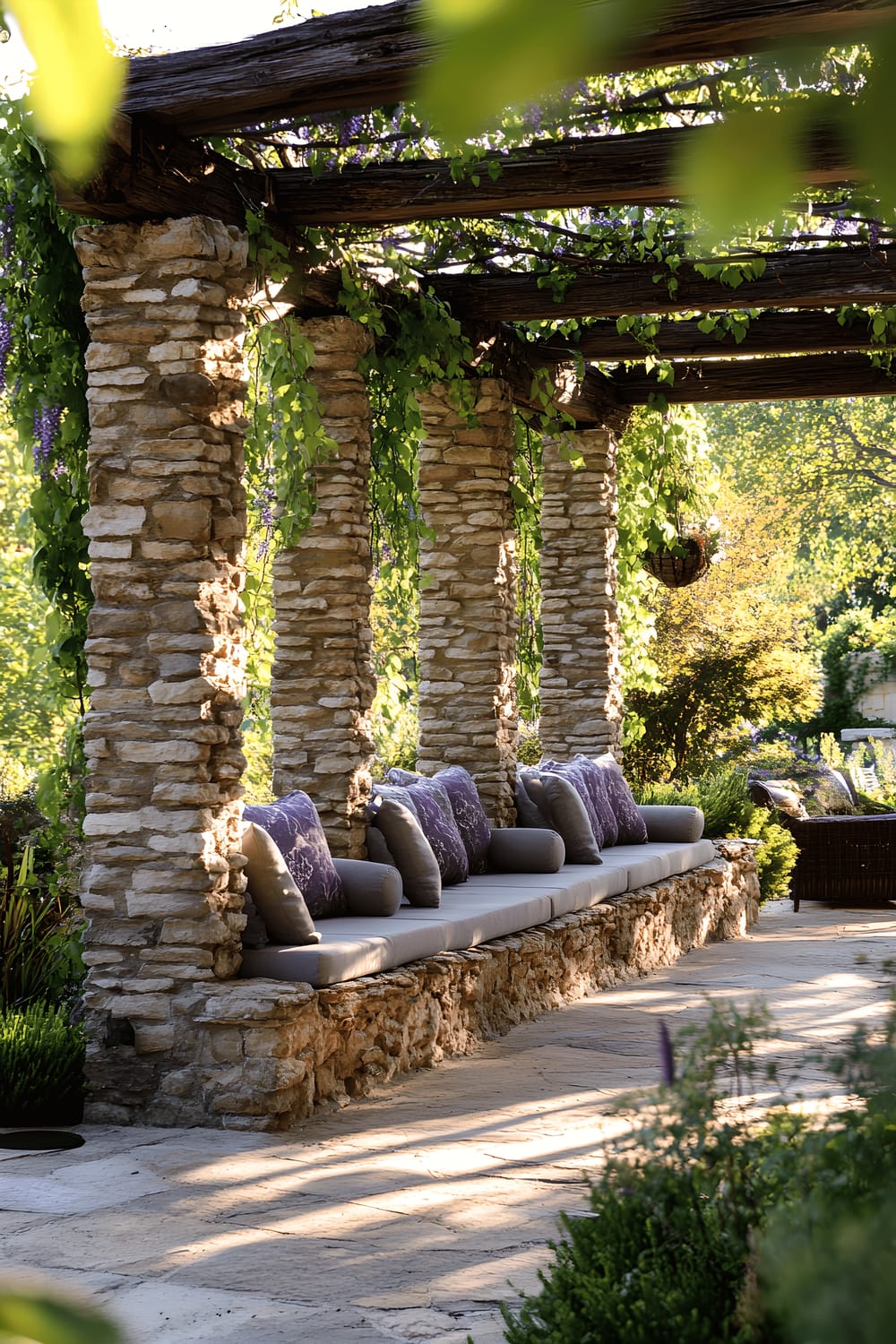 A tall and majestic pergola in a lush garden, constructed from stacked river rocks forming its pillars, with thriving wisteria vines cascading down its sides in various shades of green and purple. Underneath the pergola is a comfortable outdoor seating area complete with plush cushions, ideal for relaxation, surrounded by dense green foliage. Sunlight dapples through the canopy of the pergola, creating a peaceful ambiance.