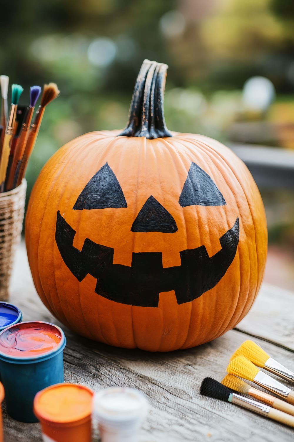 Close-up of a painted pumpkin with a traditional jack-o'-lantern face. The pumpkin is orange with a black triangular nose, eyes, and a jagged, toothy smile. Around the pumpkin, there are various paintbrushes and small jars of paint, including blue, orange, red, and white. The background is blurred with hints of greenery and a rustic wooden table.