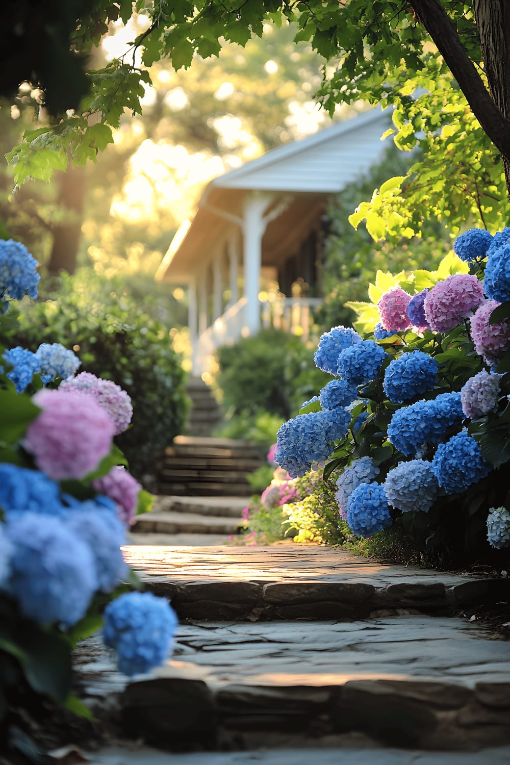 A scenic stone path leads to a pleasant porch, surrounded by thick hydrangeas in blue and pink hues. Golden sunlight filters through the canopy of overhanging oak trees, casting dappled patterns on the path and flowers.