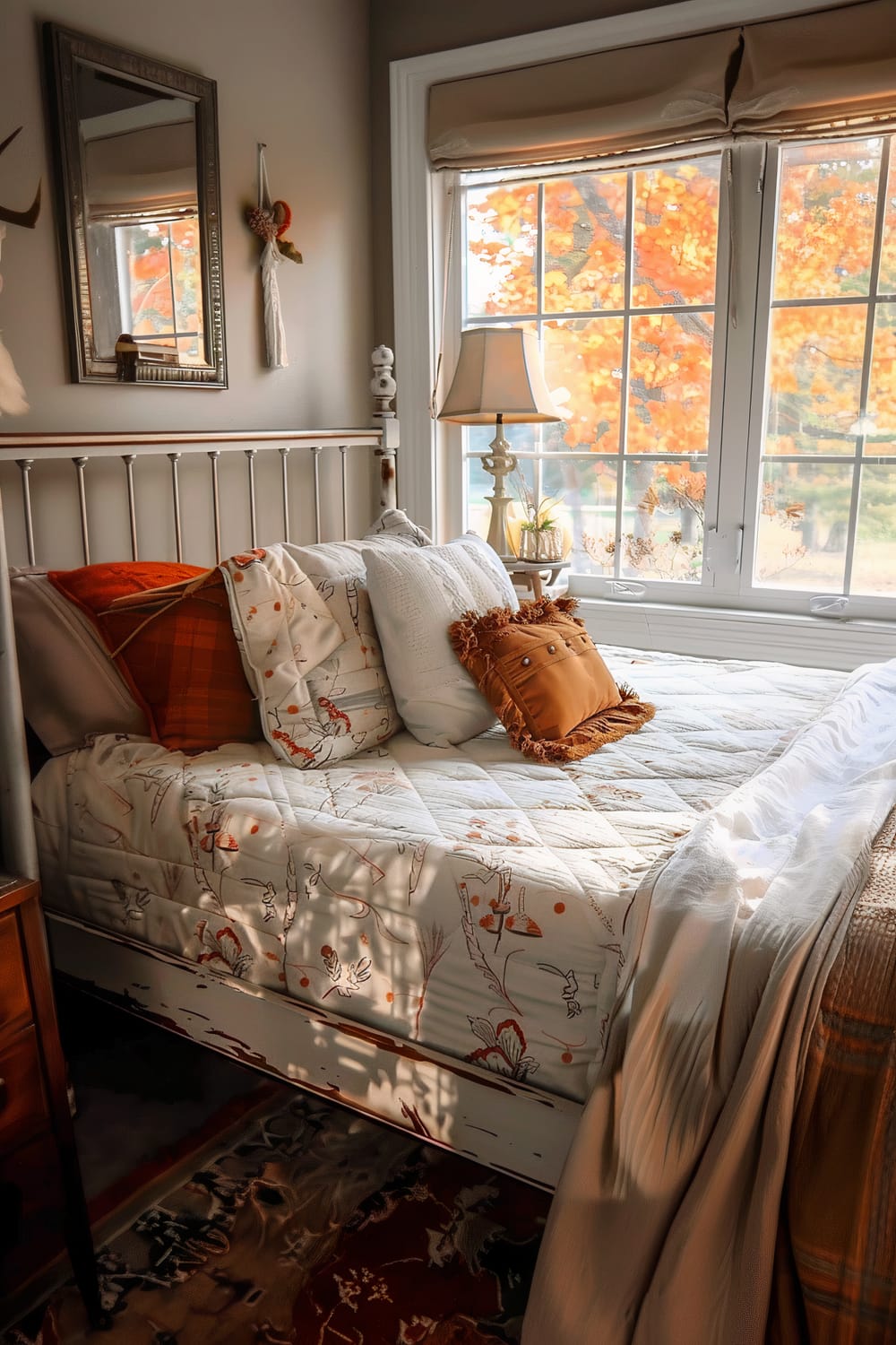 An image of a charming bedroom with a view of autumn foliage through a large window. The bed features a white metal frame and is adorned with white and autumn-themed floral bedding. The bed is further decorated with an assortment of pillows, including a rust-orange pillow with tassels. A rustic lamp stands on a low nightstand by the window, adding warmth to the room.