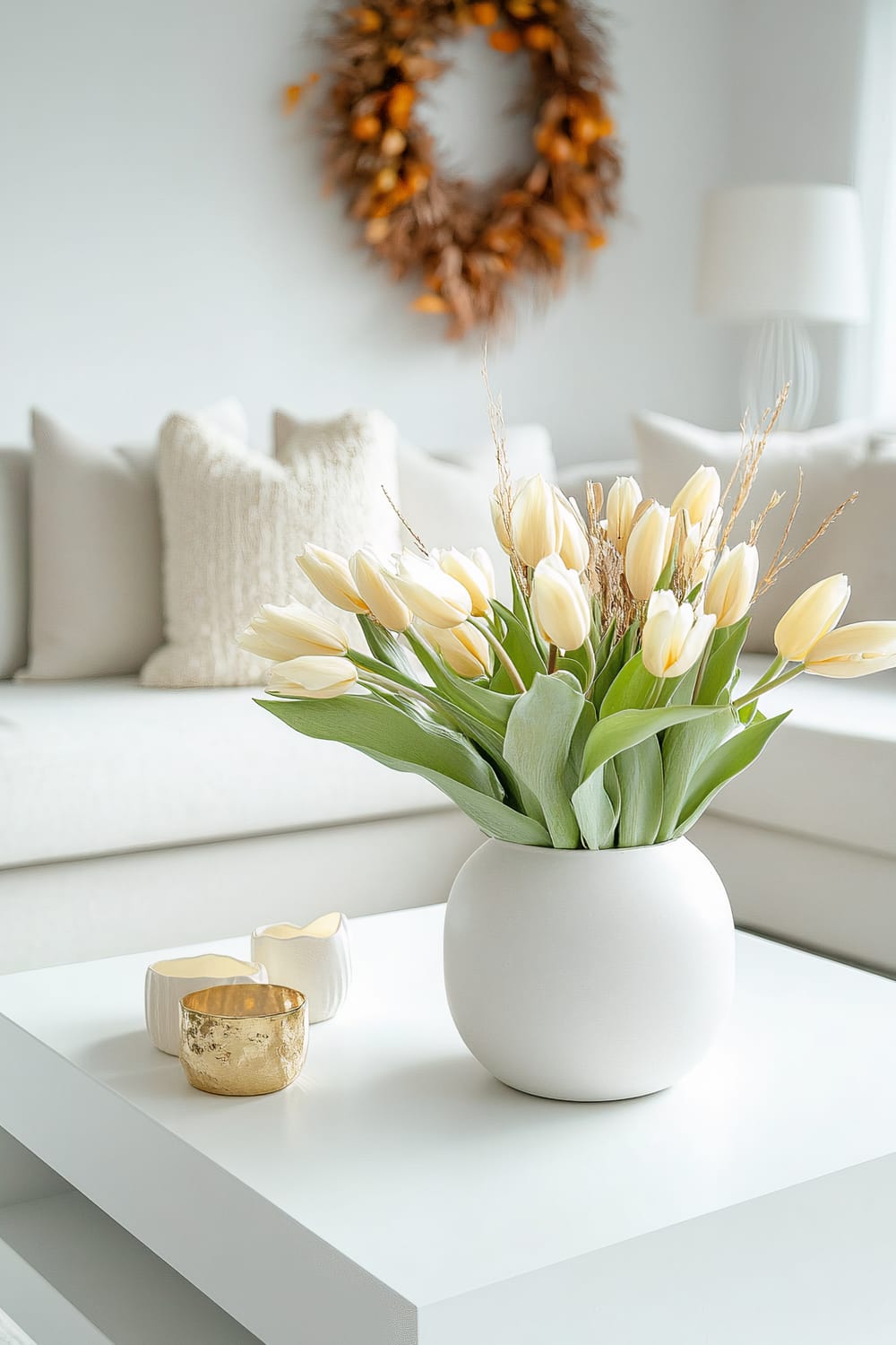 An elegantly decorated coffee nook with a minimalist white coffee table featuring a simple arrangement of pale yellow tulips in a matte ceramic vase. Surrounding the table are light gray and soft pastel cushions on a white sofa. The scene is adorned with gold-accented decorative items and a subtle fall wreath on the wall. The space is bright and serene, with ample natural light illuminating the room.